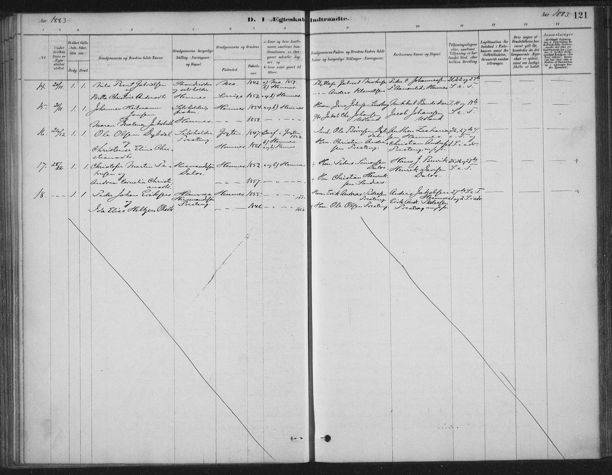 Ministerialprotokoller, klokkerbøker og fødselsregistre - Nordland, AV/SAT-A-1459/825/L0361: Parish register (official) no. 825A15, 1878-1893, p. 121