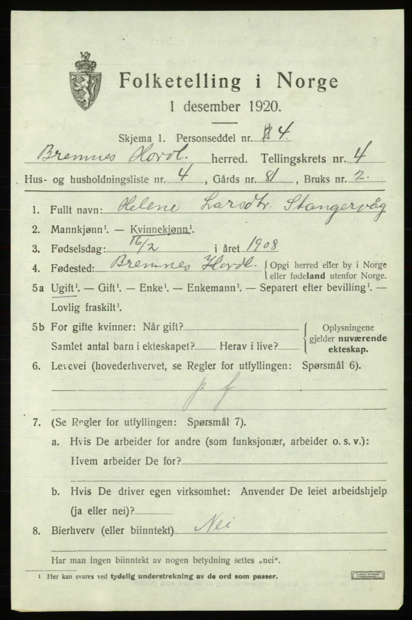 SAB, 1920 census for Bremnes, 1920, p. 1852