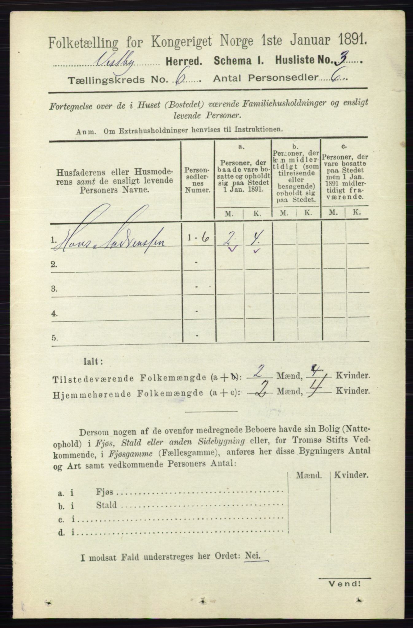 RA, 1891 census for 0211 Vestby, 1891, p. 2806