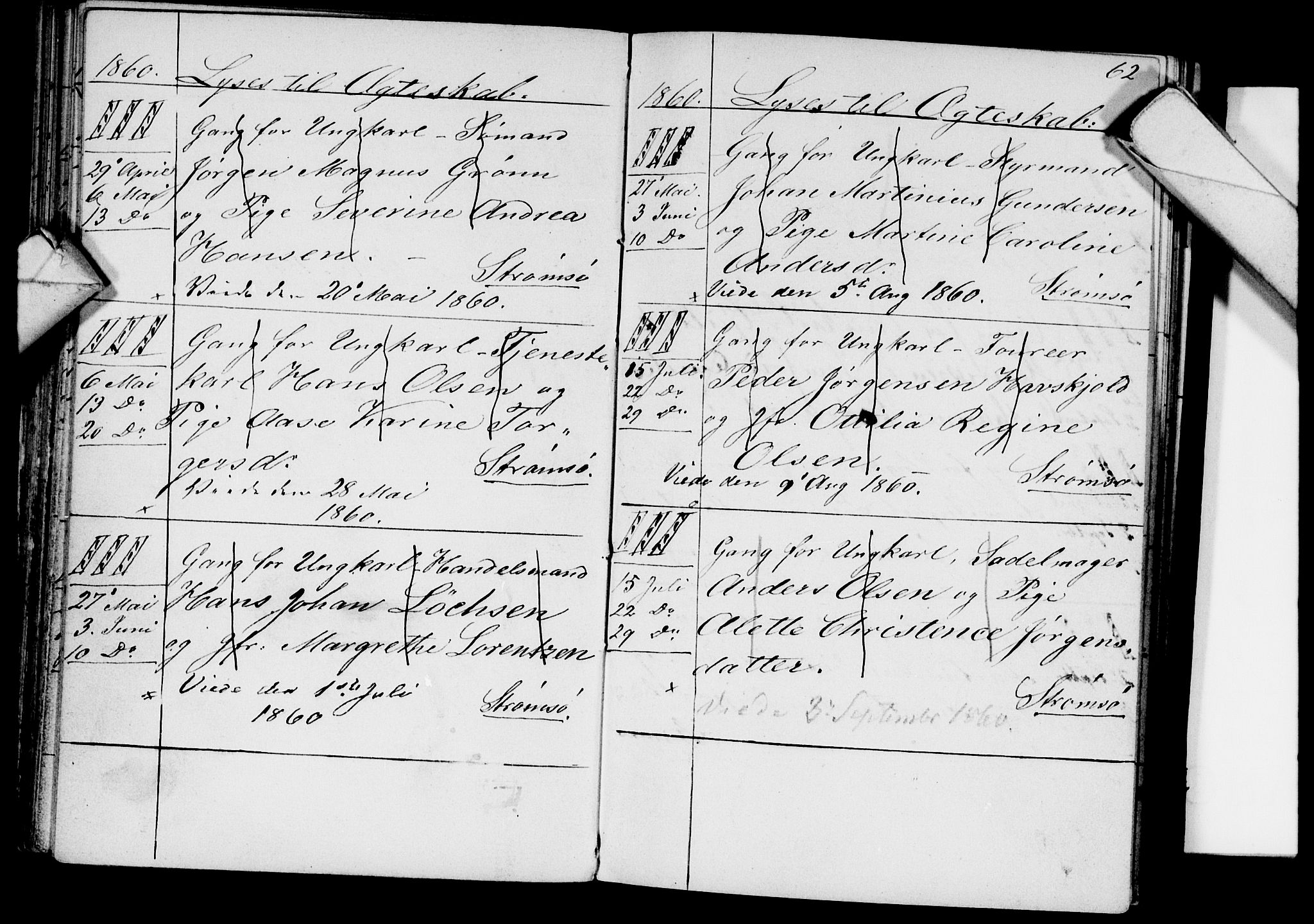 Strømsø kirkebøker, AV/SAKO-A-246/H/Ha/L0002: Banns register no. 2, 1850-1866, p. 62