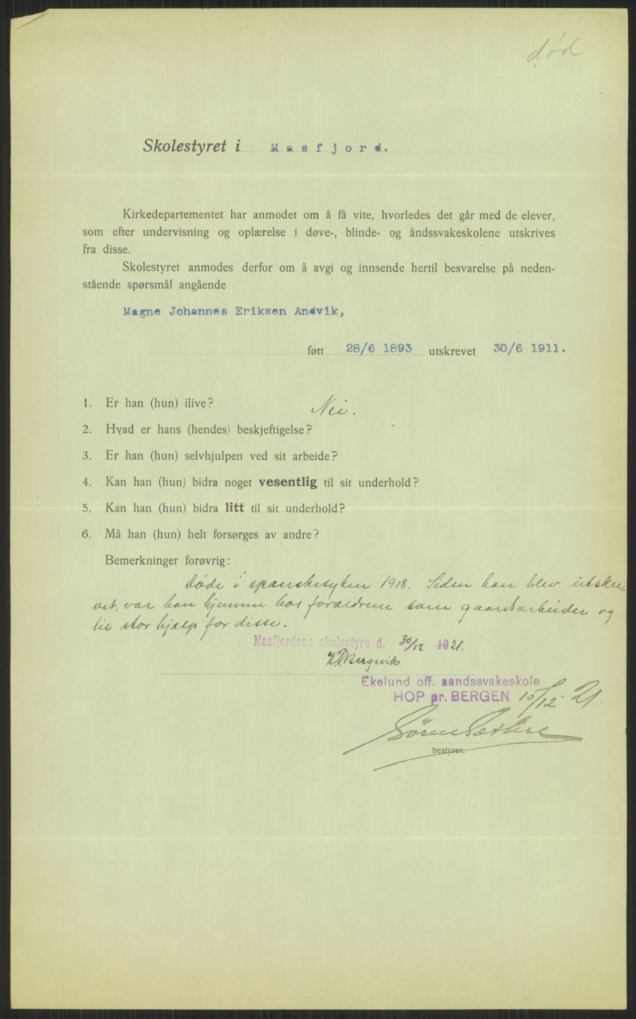 Kirke- og undervisningsdepartementet, 1. skolekontor D, AV/RA-S-1021/F/Fh/Fhl/L0044: Hvor blir det av elevene?, 1911-1921, p. 399