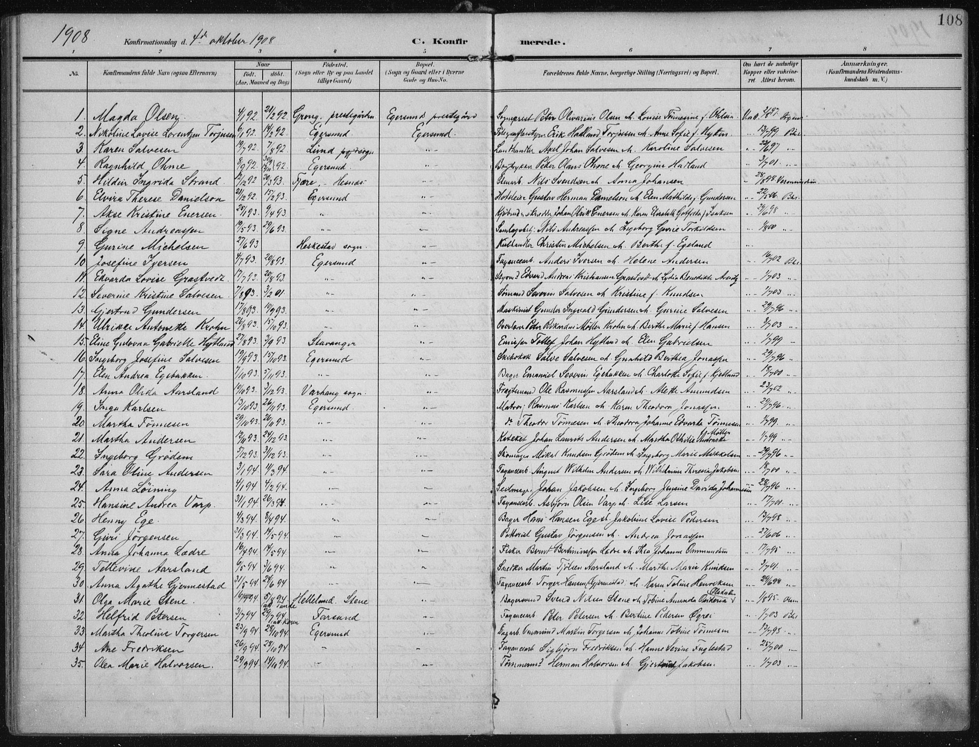 Eigersund sokneprestkontor, AV/SAST-A-101807/S08/L0022: Parish register (official) no. A 21, 1905-1928, p. 108