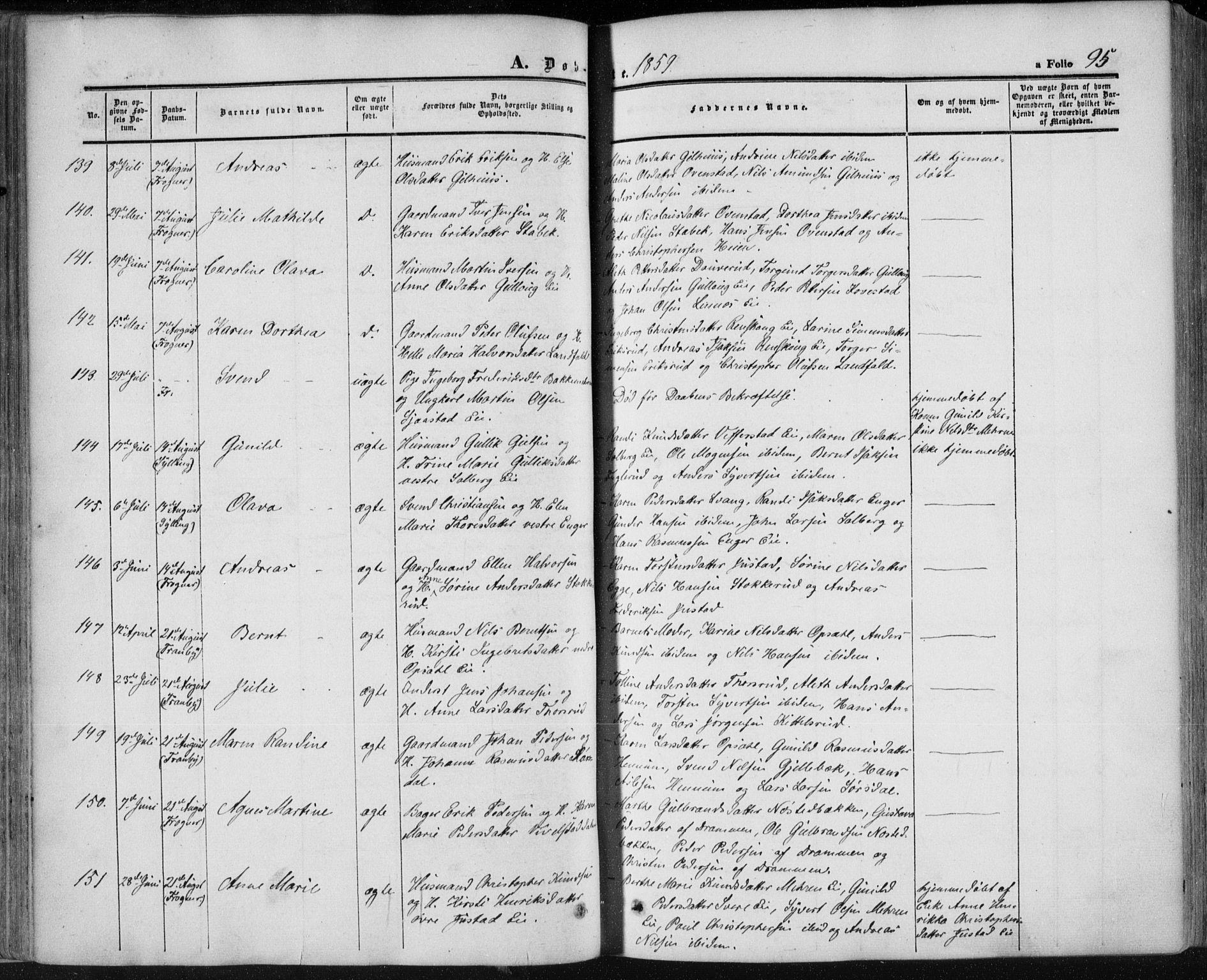 Lier kirkebøker, SAKO/A-230/F/Fa/L0012: Parish register (official) no. I 12, 1854-1864, p. 95