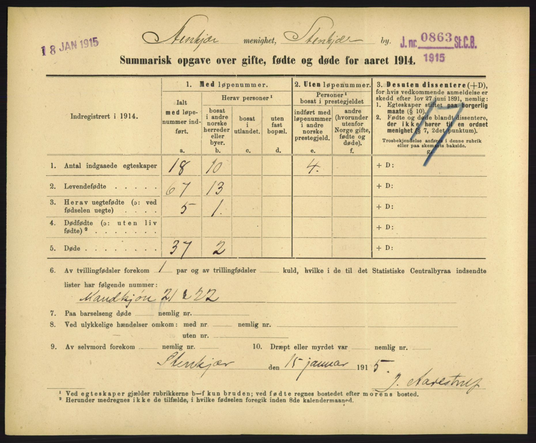 Statistisk sentralbyrå, Sosiodemografiske emner, Befolkning, RA/S-2228/D/Df/Dfb/Dfbd/L0049: Summariske oppgaver over gifte, døde og fødte for hele landet., 1914, p. 1393