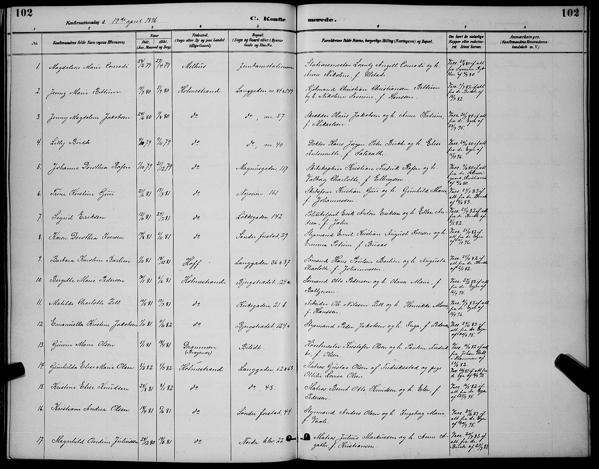 Holmestrand kirkebøker, AV/SAKO-A-346/G/Ga/L0005: Parish register (copy) no. 5, 1889-1901, p. 102