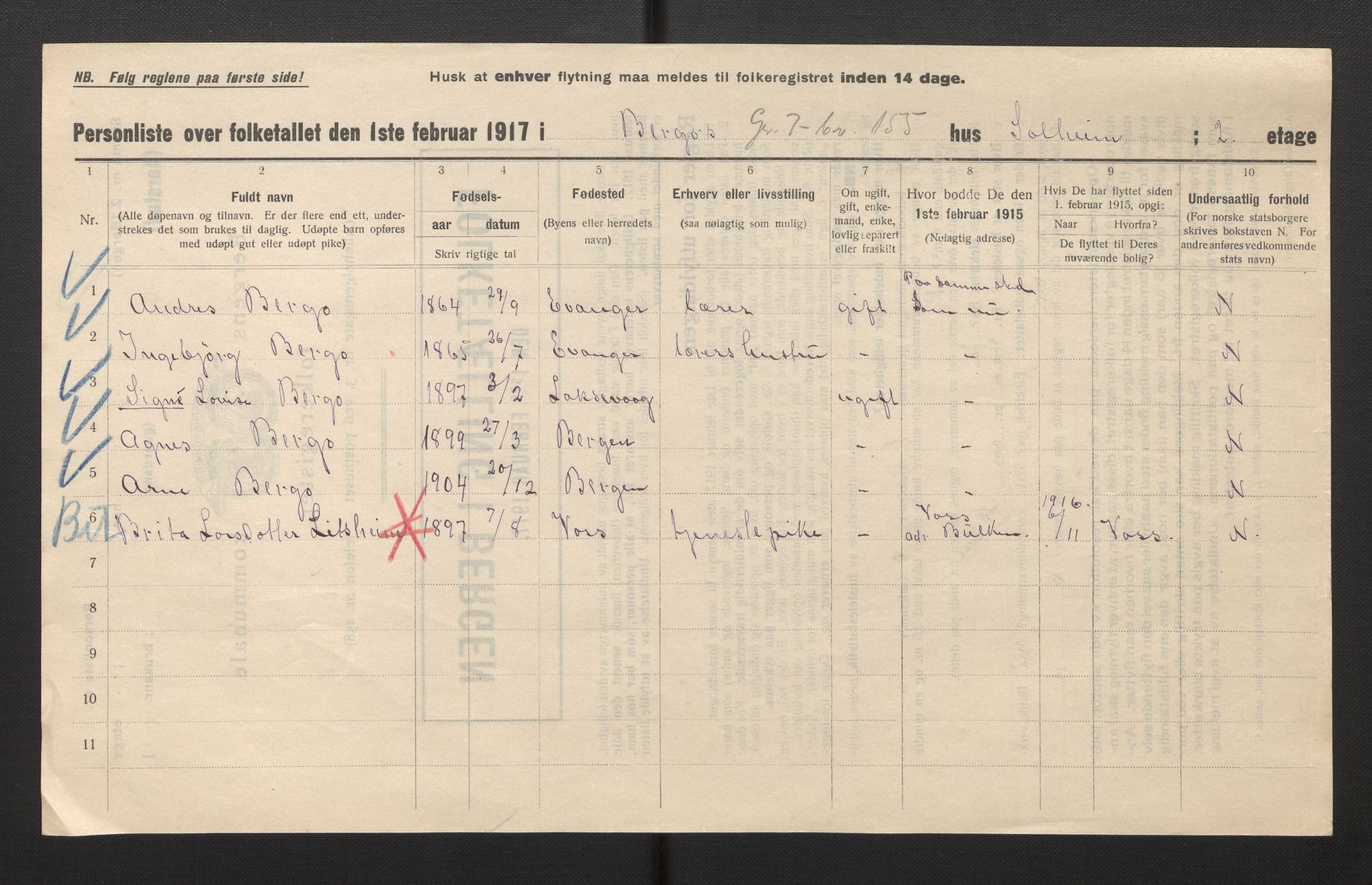 SAB, Municipal Census 1917 for Bergen, 1917, p. 49340