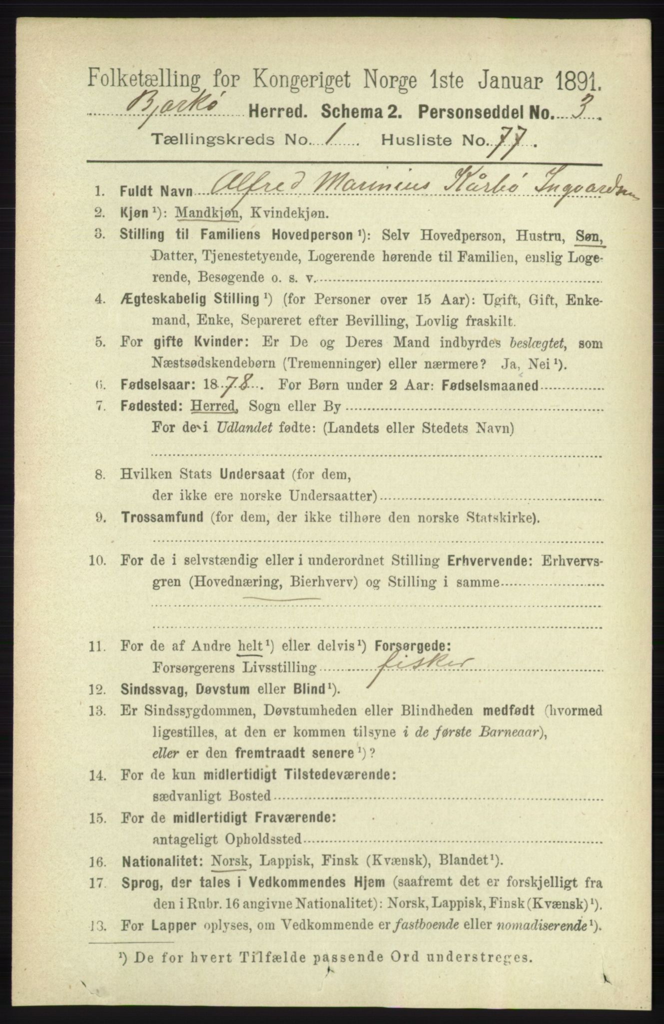 RA, 1891 census for 1915 Bjarkøy, 1891, p. 560