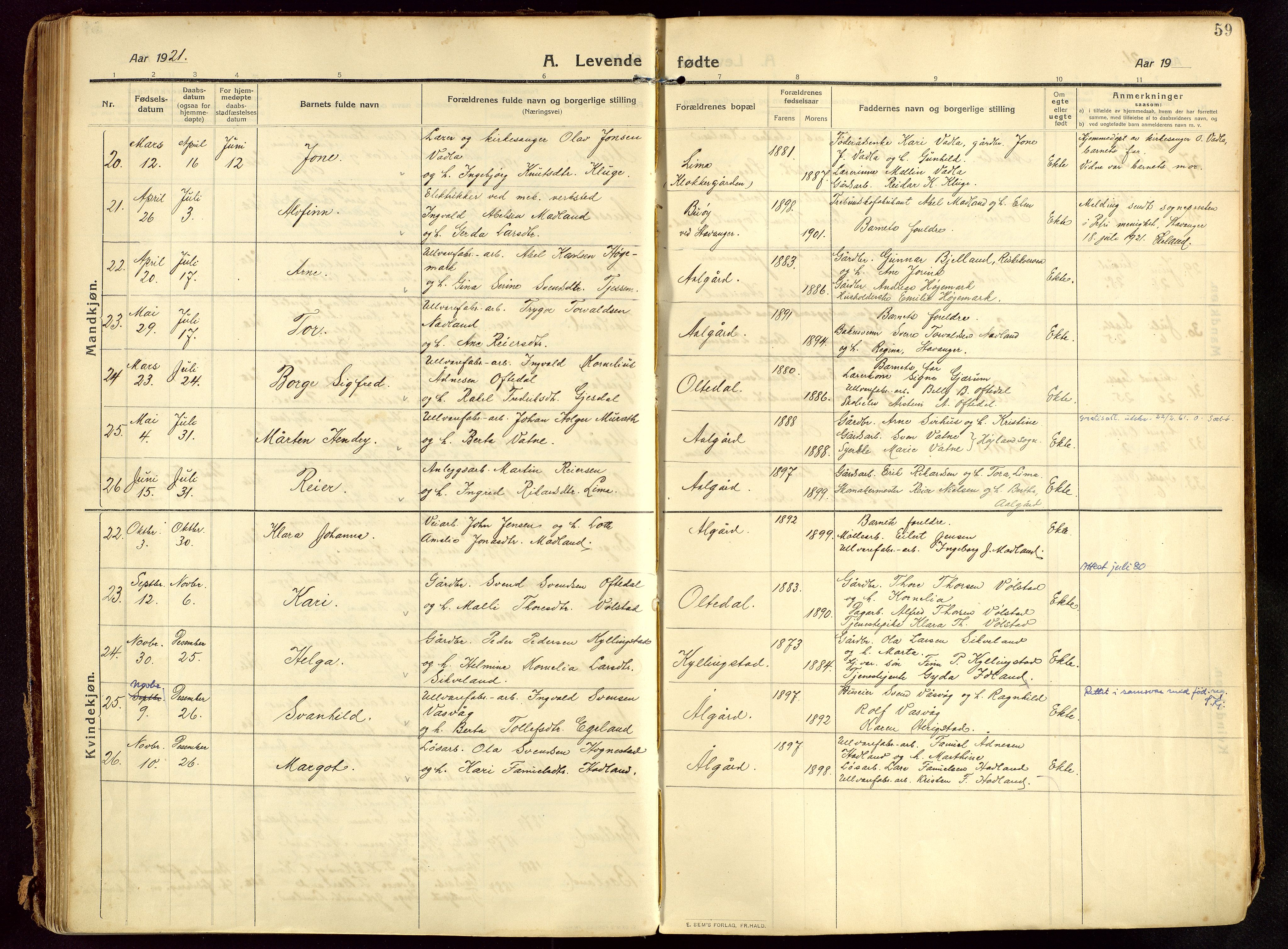 Lye sokneprestkontor, AV/SAST-A-101794/002/B/L0001: Parish register (official) no. A 13, 1910-1925, p. 59