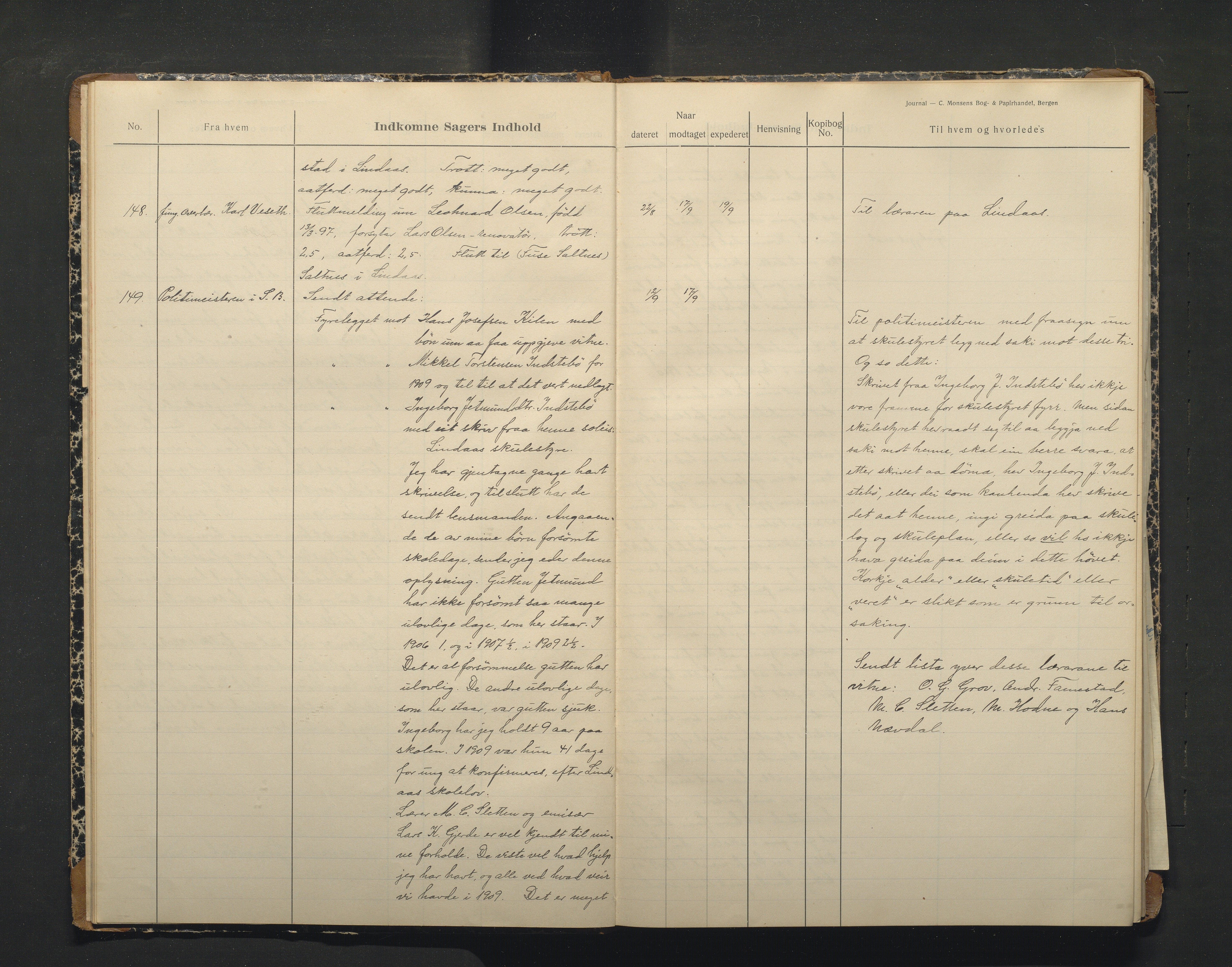Lindås kommune. Skulestyret, IKAH/1263-211/C/Ca/L0004: Postjournal for Lindås skulestyre, 1910-1912