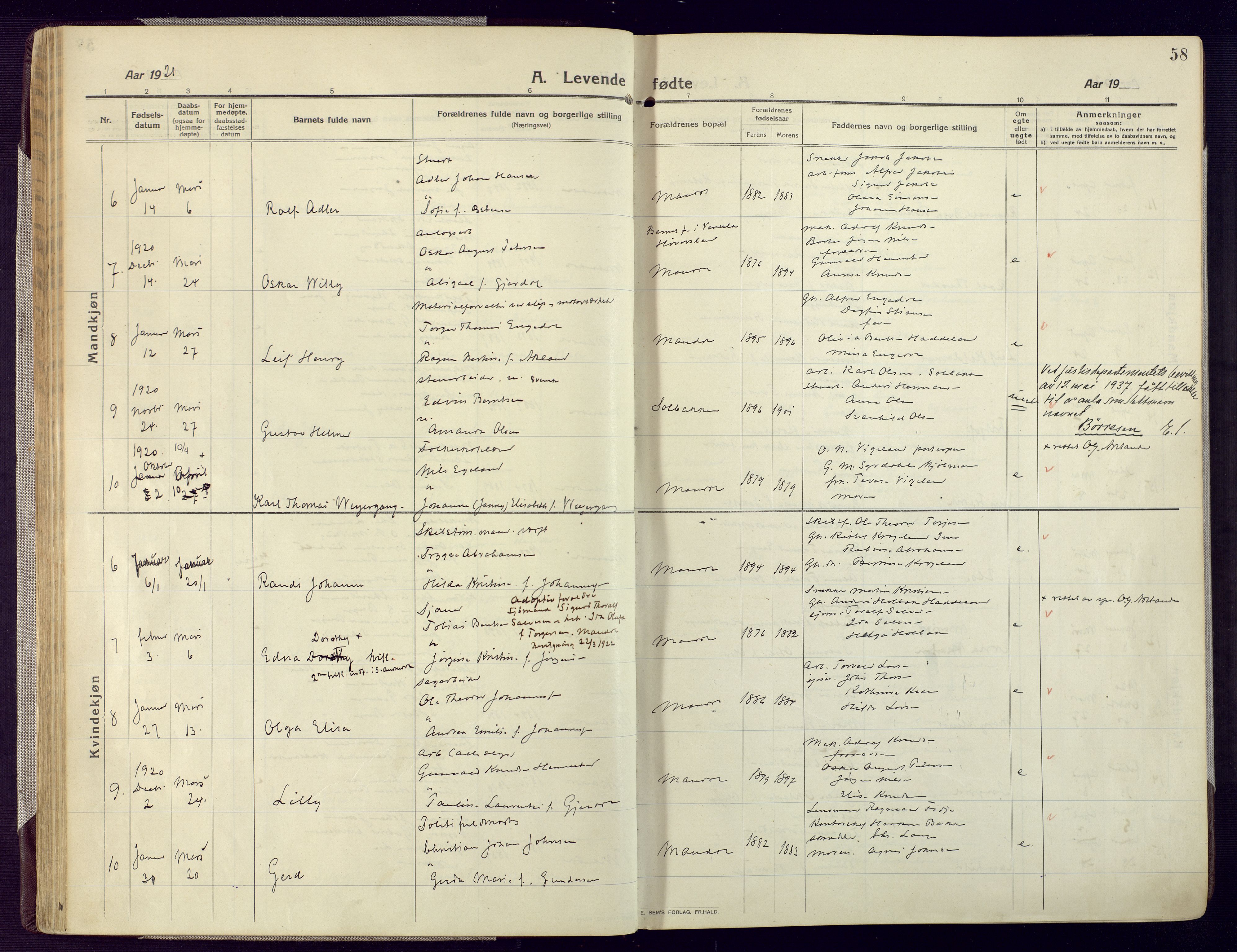 Mandal sokneprestkontor, AV/SAK-1111-0030/F/Fa/Fac/L0001: Parish register (official) no. A 1, 1913-1925, p. 58