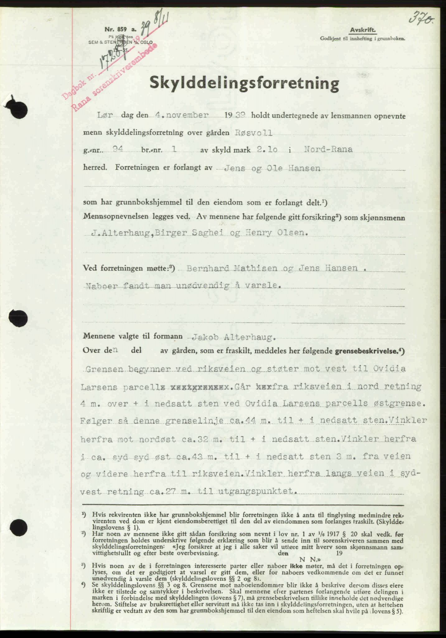 Rana sorenskriveri , SAT/A-1108/1/2/2C: Mortgage book no. A 6, 1939-1940, Diary no: : 1728/1939
