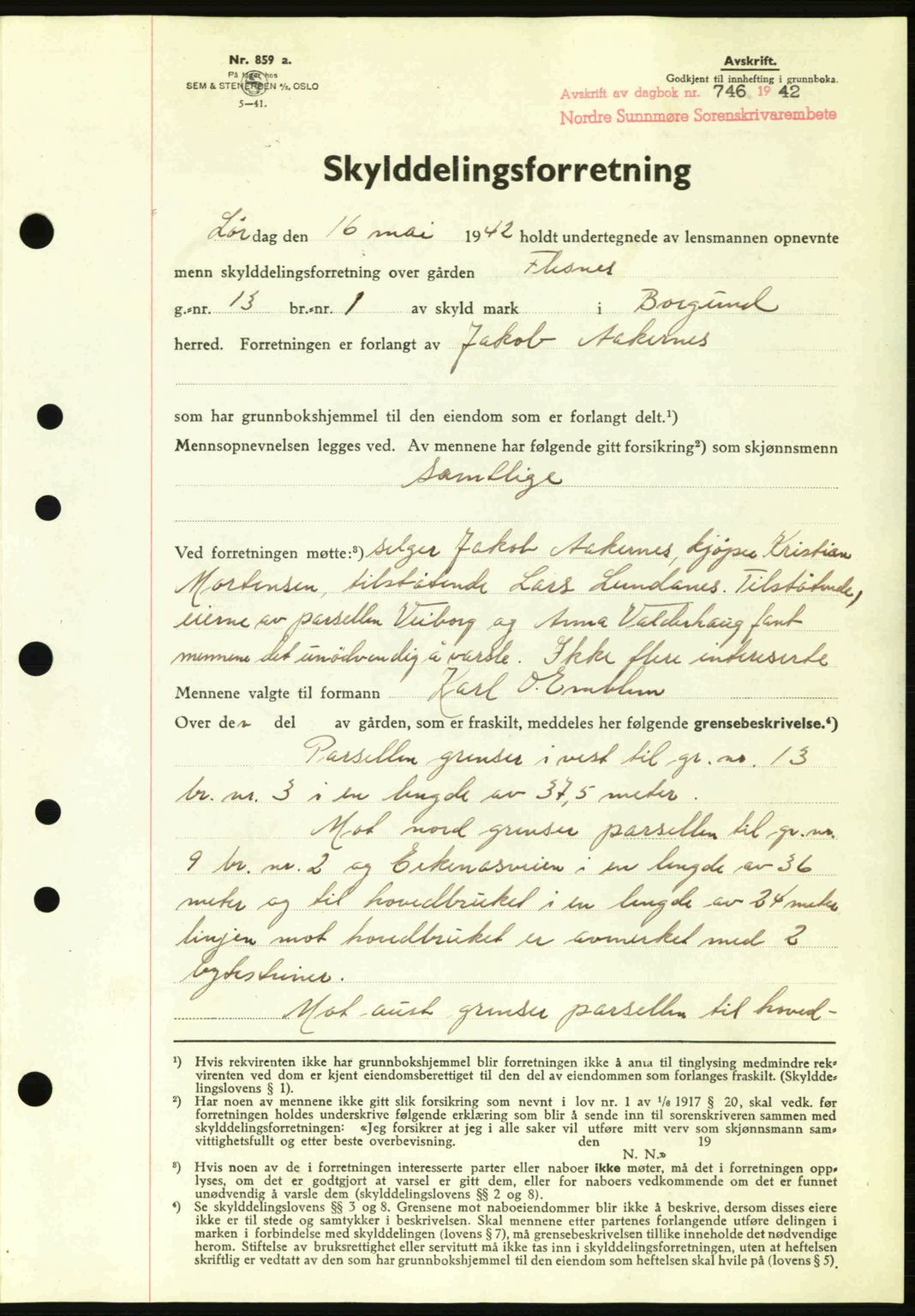 Nordre Sunnmøre sorenskriveri, AV/SAT-A-0006/1/2/2C/2Ca: Mortgage book no. A13, 1942-1942, Diary no: : 746/1942