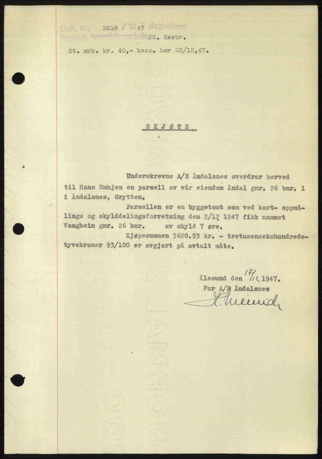 Romsdal sorenskriveri, AV/SAT-A-4149/1/2/2C: Mortgage book no. A24, 1947-1947, Diary no: : 3218/1947