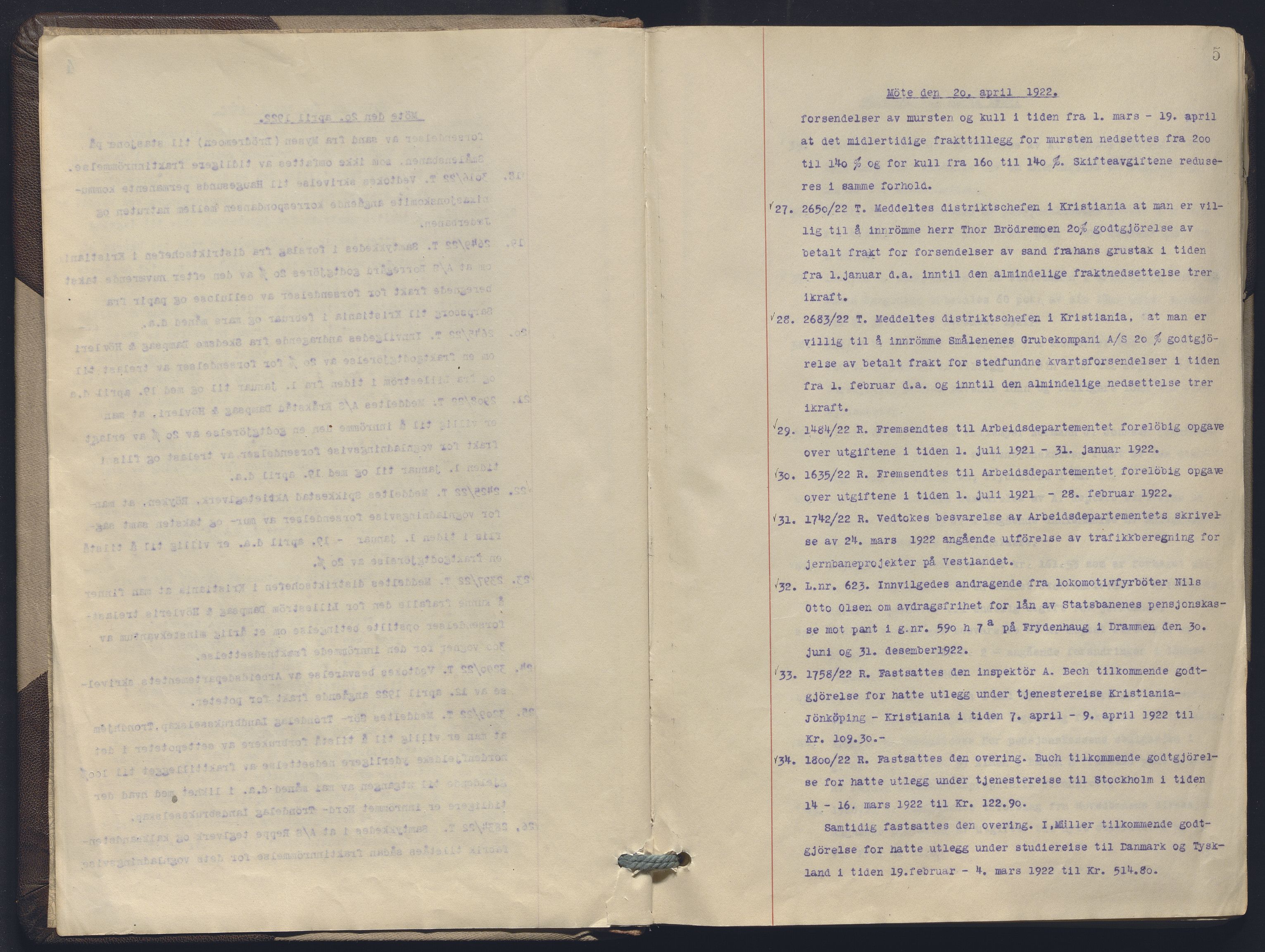Norges statsbaner, Administrasjons- økonomi- og personalavdelingen, AV/RA-S-3412/A/Aa/L0019: Forhandlingsprotokoll, 1922-1924, p. 5