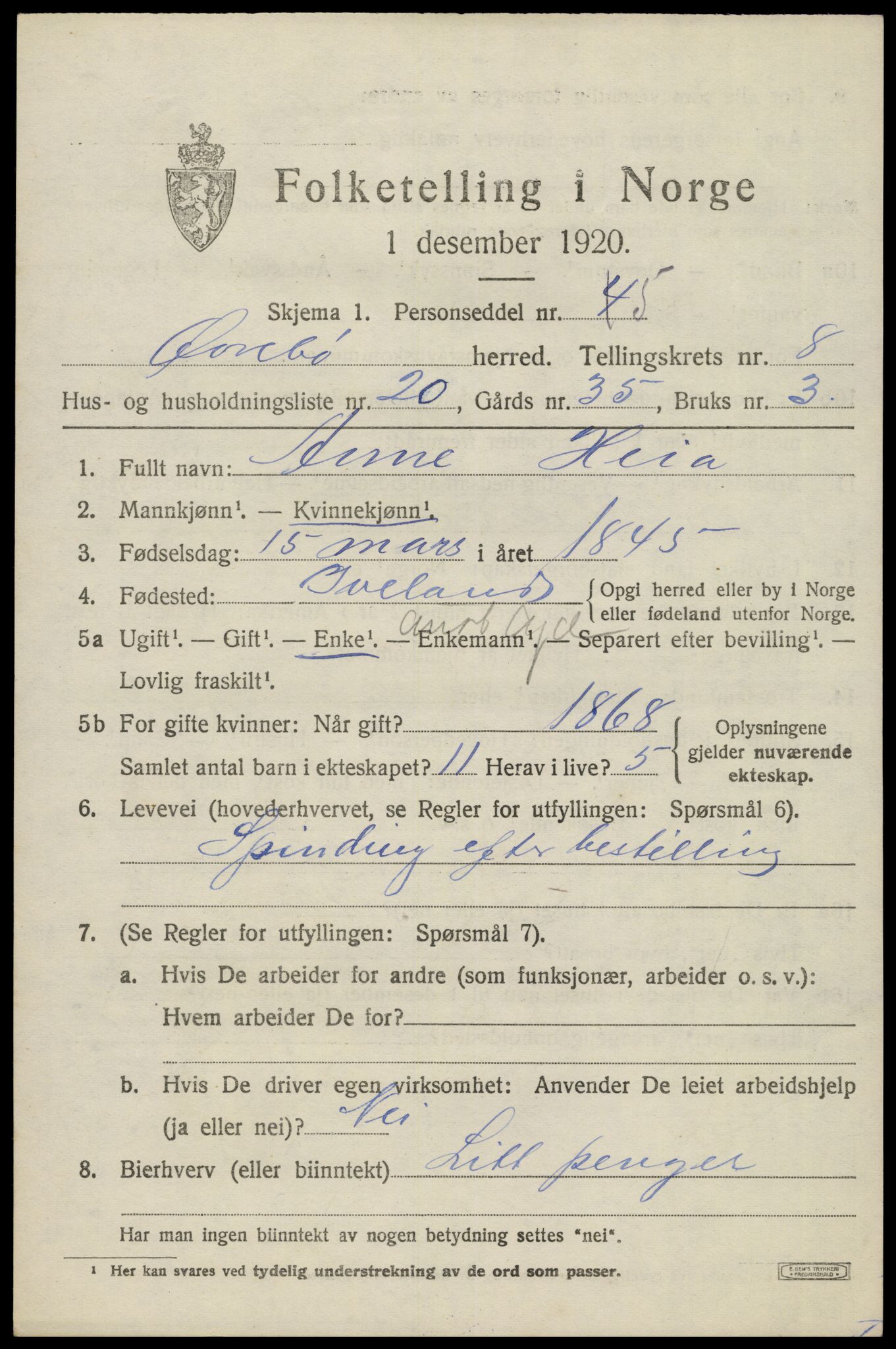 SAK, 1920 census for Øvrebø, 1920, p. 1916