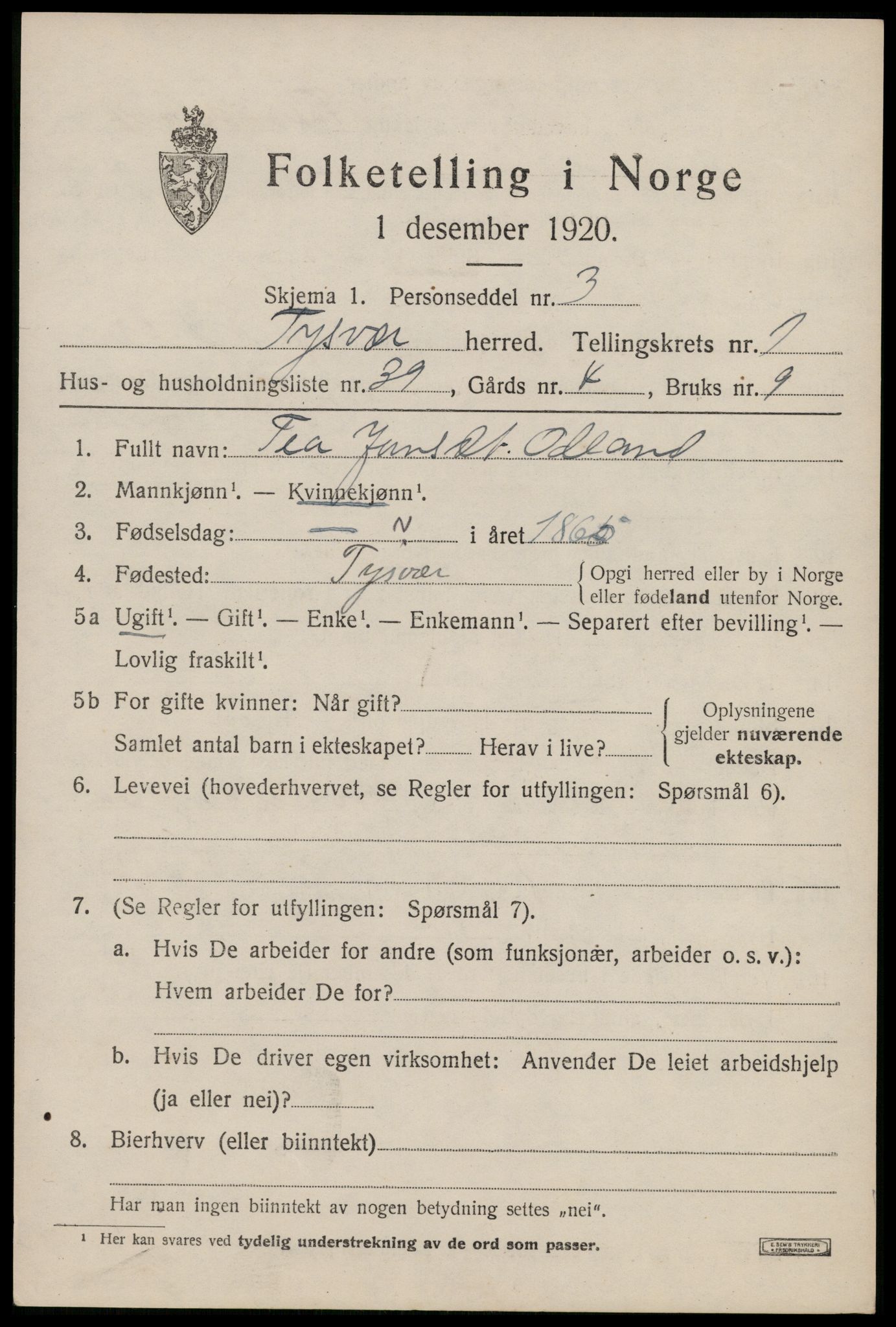 SAST, 1920 census for Tysvær, 1920, p. 1144