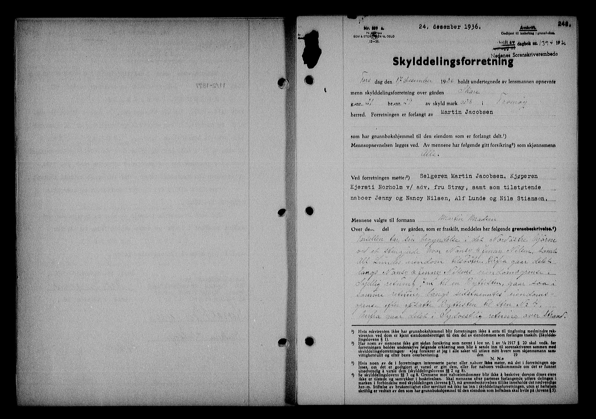 Nedenes sorenskriveri, SAK/1221-0006/G/Gb/Gba/L0043: Mortgage book no. 39, 1936-1937, Diary no: : 1394/1936