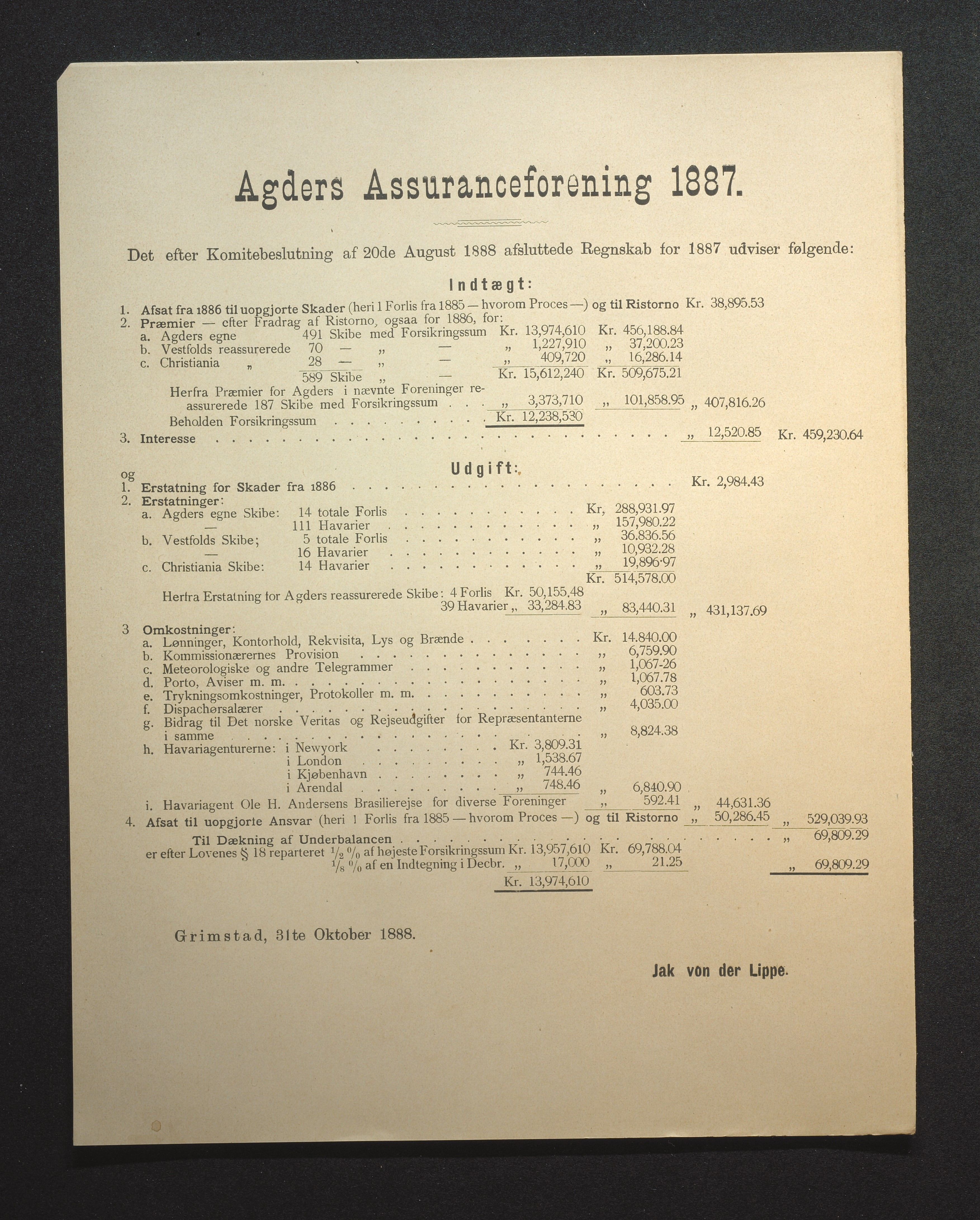 Agders Gjensidige Assuranceforening, AAKS/PA-1718/05/L0002: Regnskap, seilavdeling, pakkesak, 1881-1889