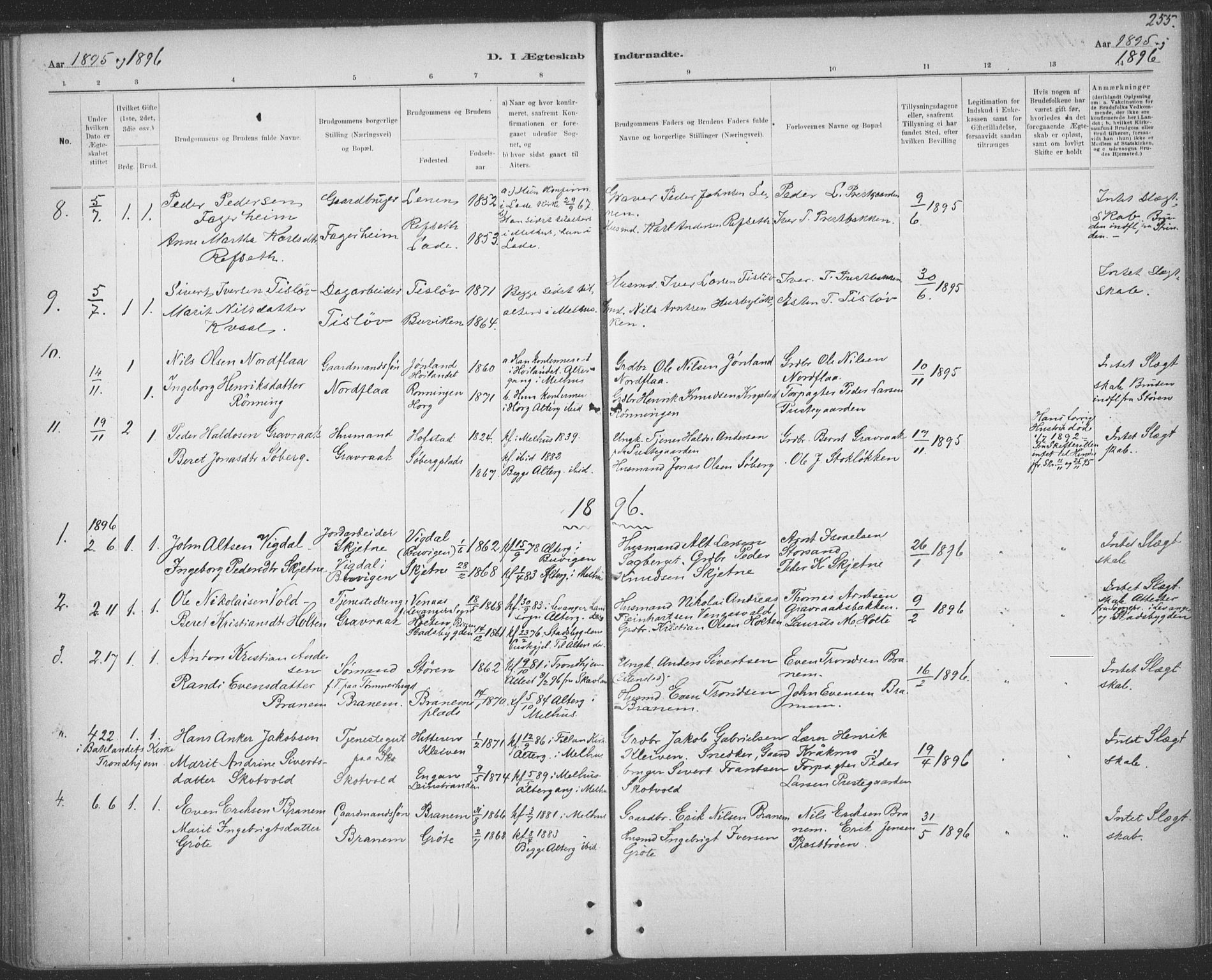 Ministerialprotokoller, klokkerbøker og fødselsregistre - Sør-Trøndelag, AV/SAT-A-1456/691/L1085: Parish register (official) no. 691A17, 1887-1908, p. 255