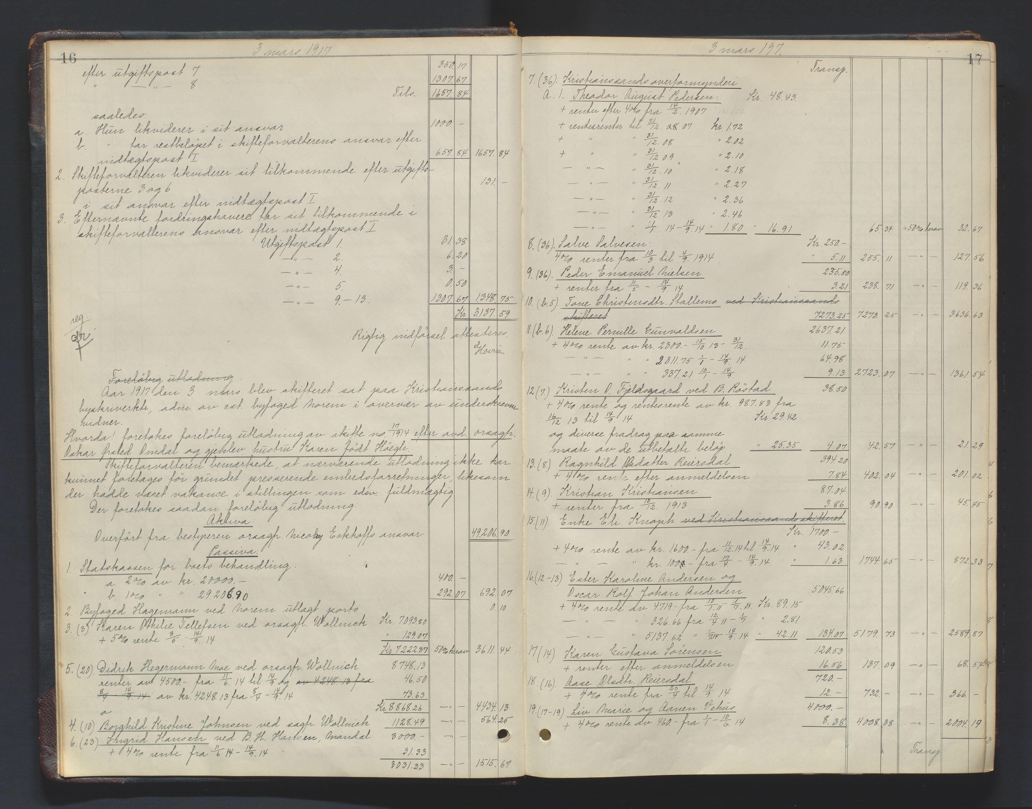 Kristiansand byrett, AV/SAK-1223-0001/H/Hc/L0061: Skifteutlodningsprotokoll nr. 7, med register, 1916-1928, p. 16-17