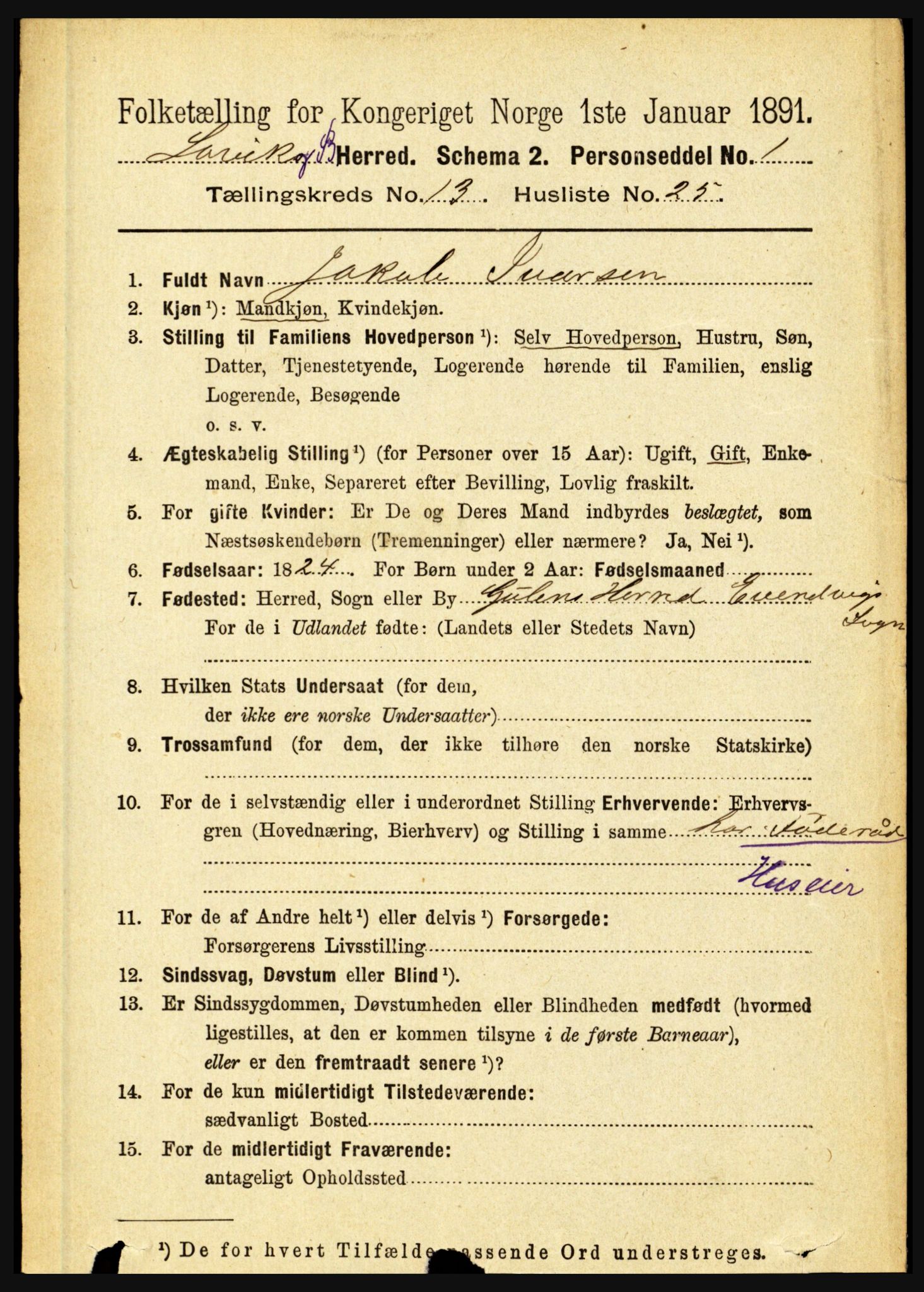 RA, 1891 census for 1415 Lavik og Brekke, 1891, p. 2674