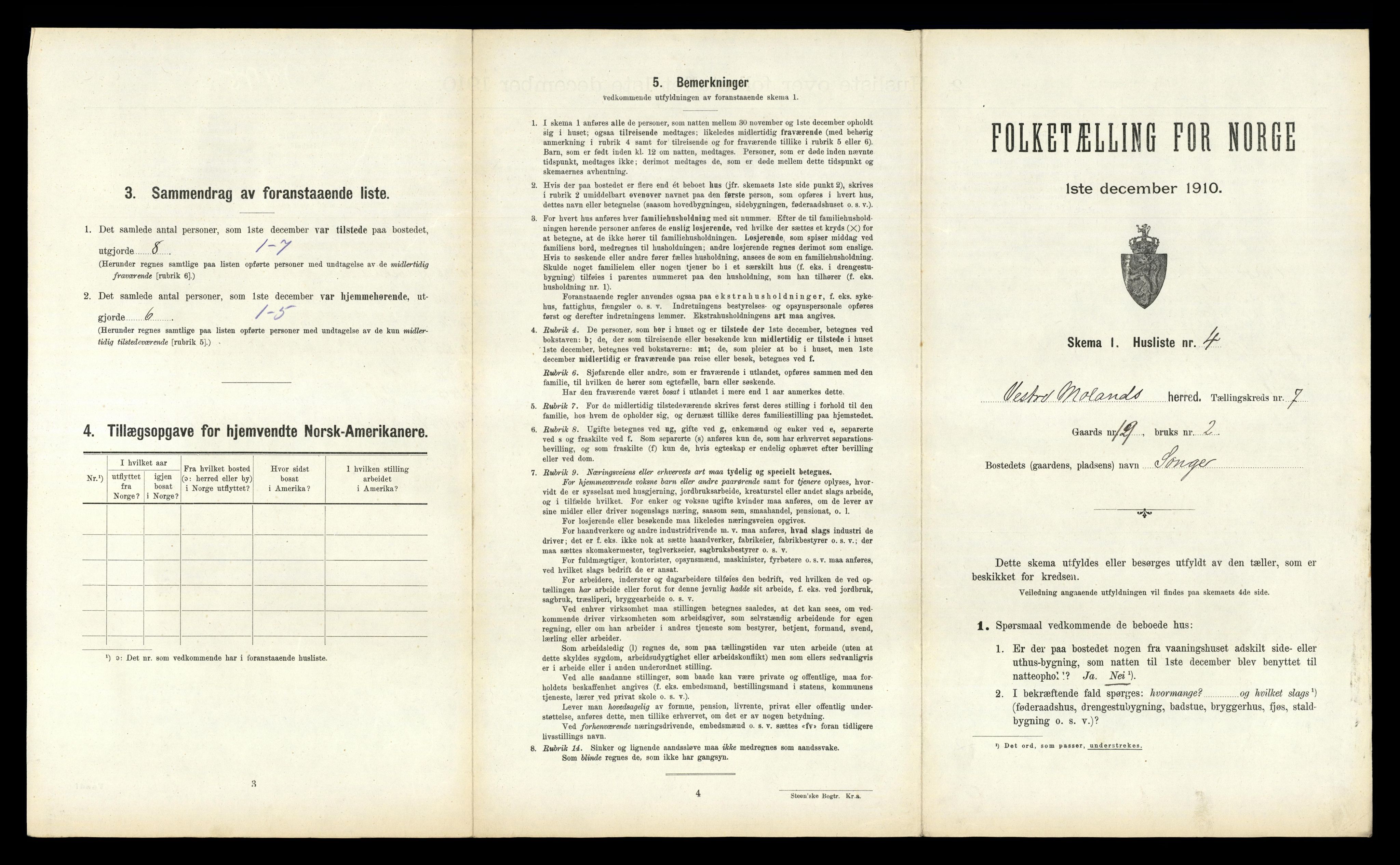 RA, 1910 census for Vestre Moland, 1910, p. 724