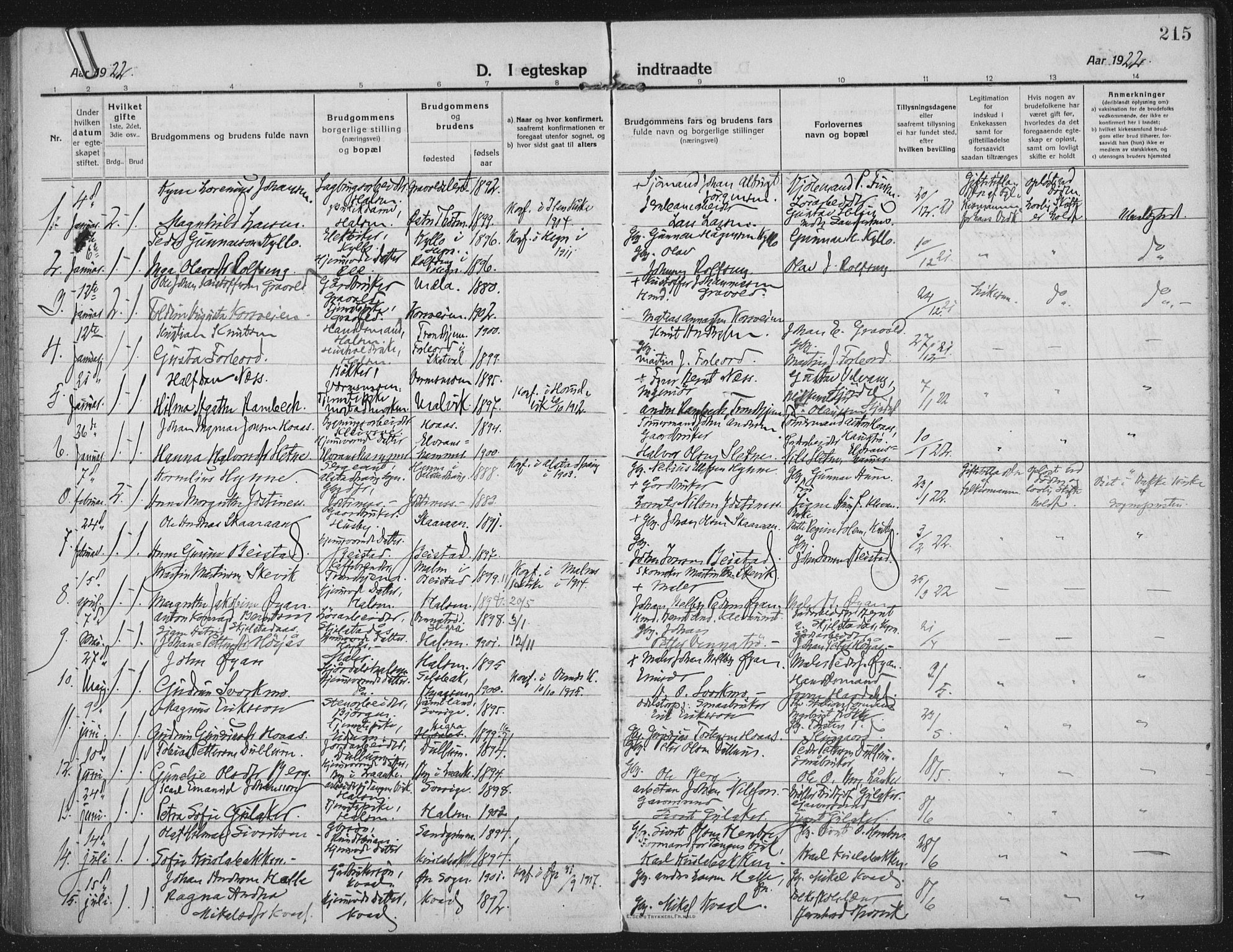 Ministerialprotokoller, klokkerbøker og fødselsregistre - Nord-Trøndelag, SAT/A-1458/709/L0083: Parish register (official) no. 709A23, 1916-1928, p. 215