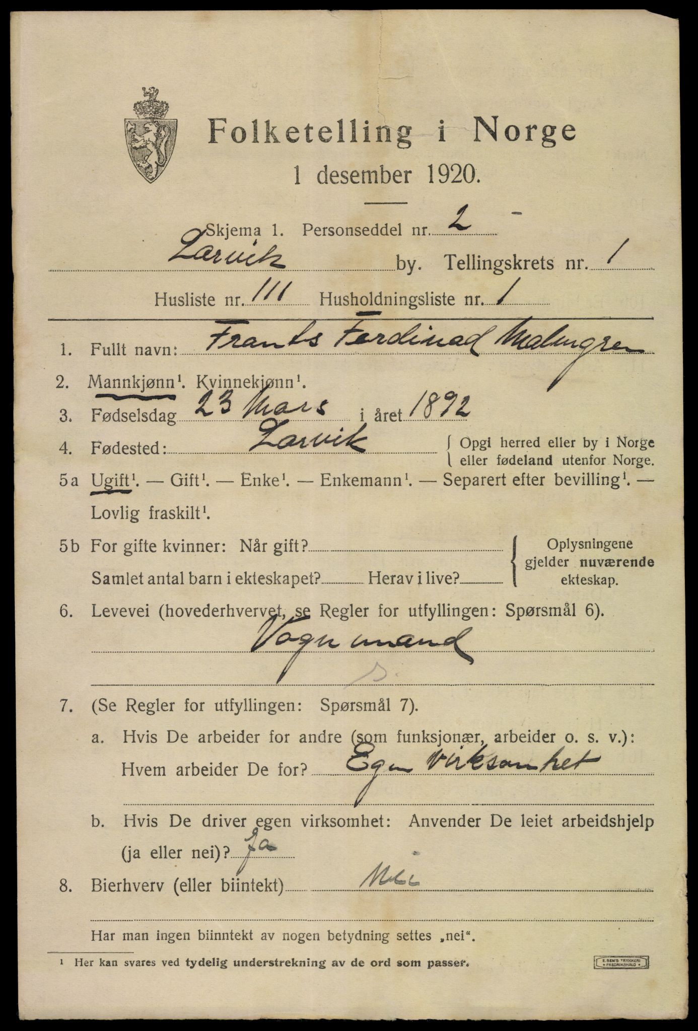 SAKO, 1920 census for Larvik, 1920, p. 10312