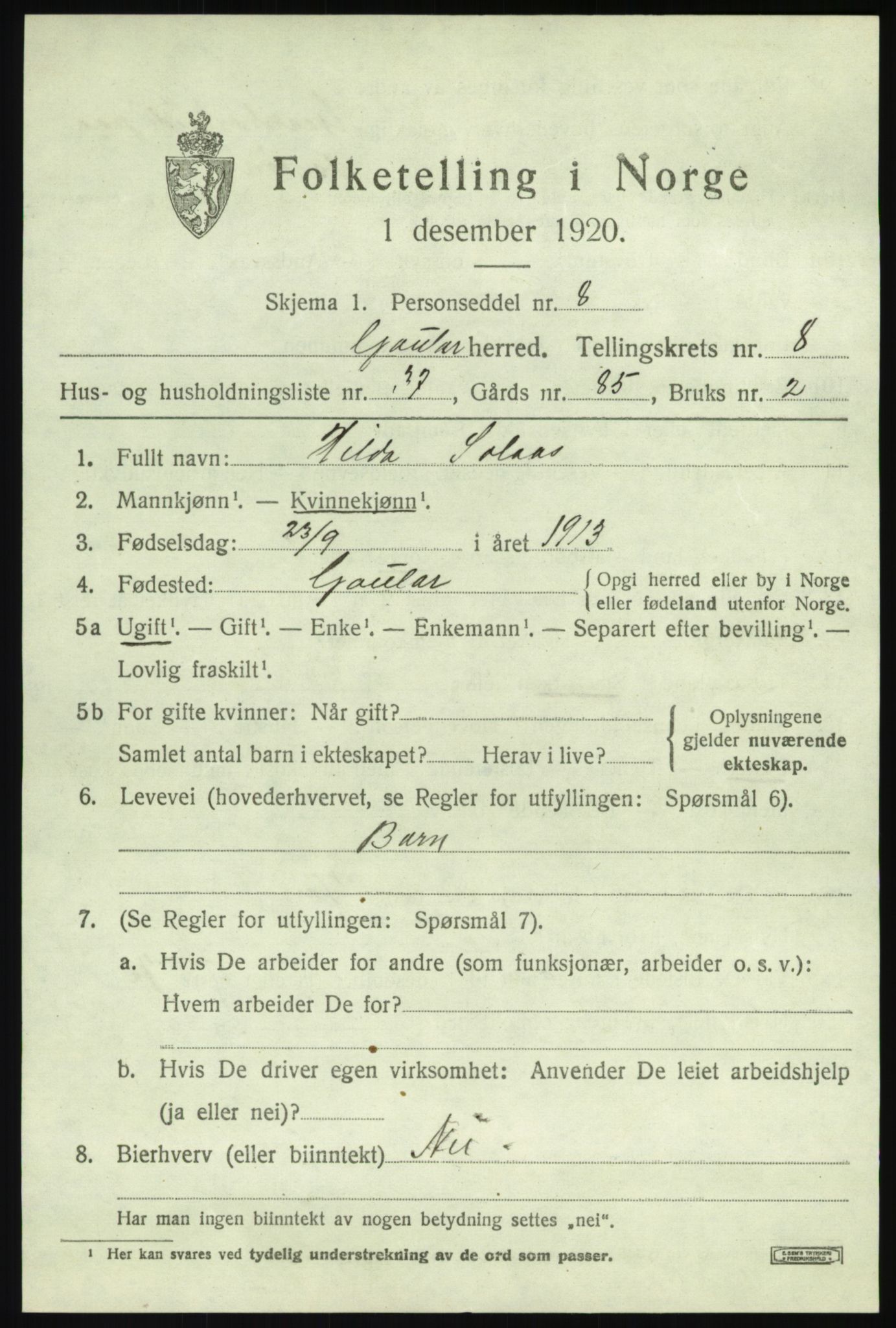 SAB, 1920 census for Gaular, 1920, p. 4160