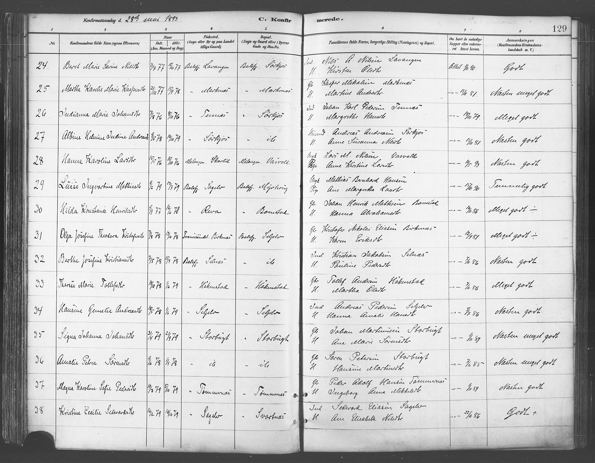 Balsfjord sokneprestembete, SATØ/S-1303/G/Ga/L0005kirke: Parish register (official) no. 5, 1884-1897, p. 129