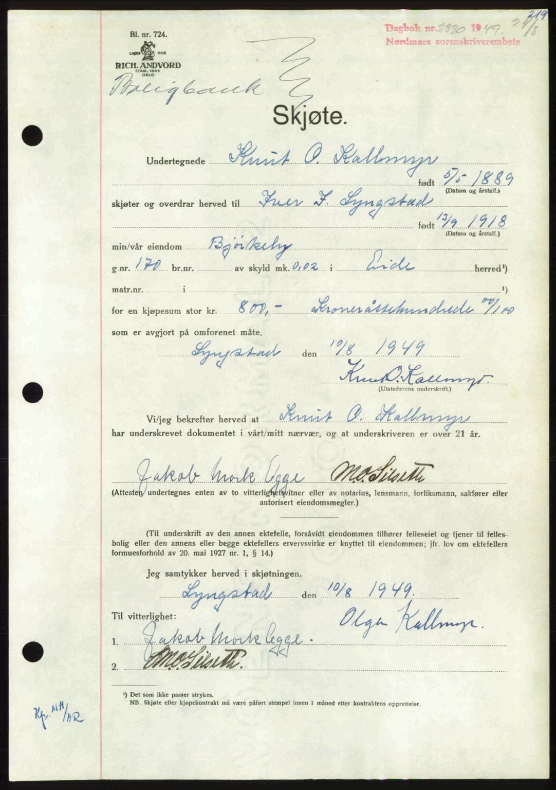 Nordmøre sorenskriveri, AV/SAT-A-4132/1/2/2Ca: Mortgage book no. A112, 1949-1949, Diary no: : 2330/1949