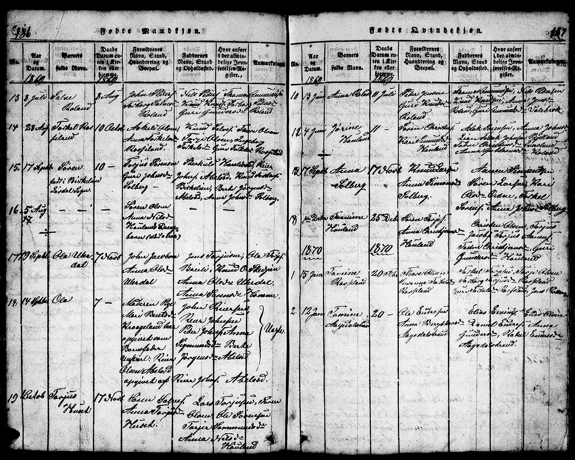 Bjelland sokneprestkontor, SAK/1111-0005/F/Fb/Fba/L0003: Parish register (copy) no. B 3, 1816-1870, p. 186-187