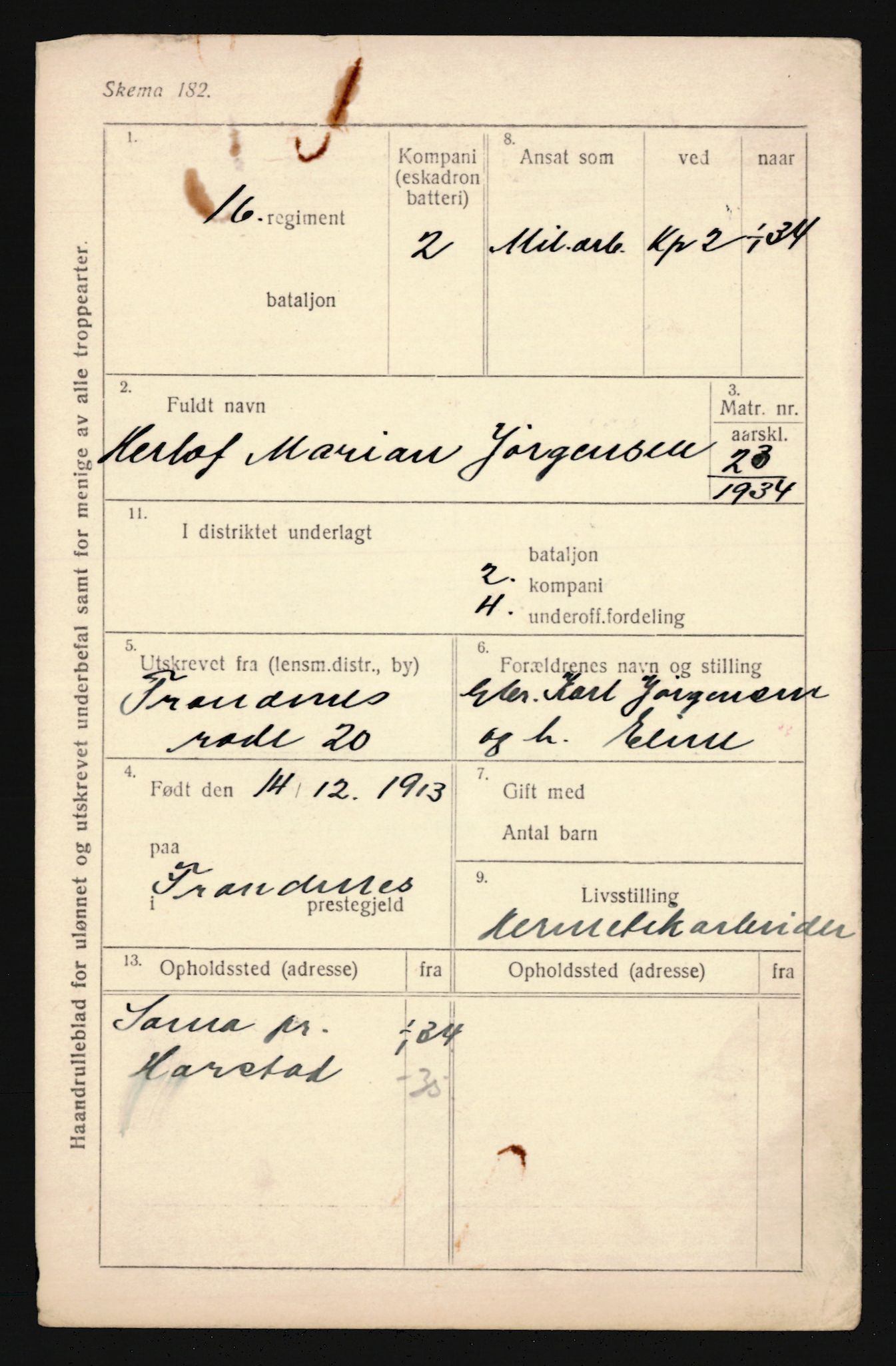 Forsvaret, Troms infanteriregiment nr. 16, AV/RA-RAFA-3146/P/Pa/L0018: Rulleblad for regimentets menige mannskaper, årsklasse 1934, 1934, p. 611