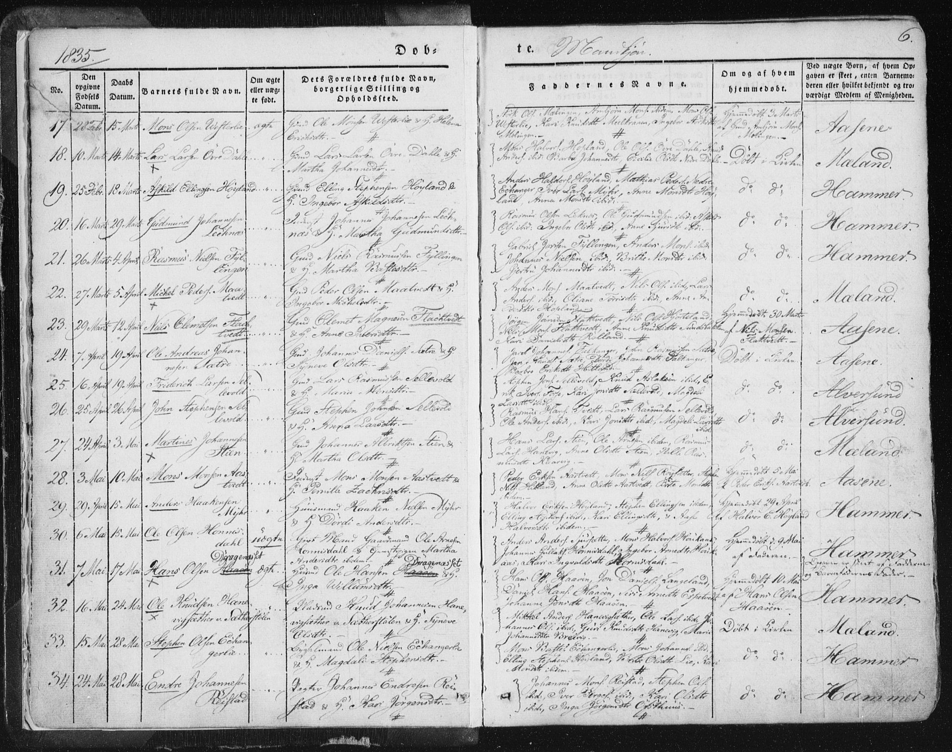 Hamre sokneprestembete, SAB/A-75501/H/Ha/Haa/Haaa/L0012: Parish register (official) no. A 12, 1834-1845, p. 6