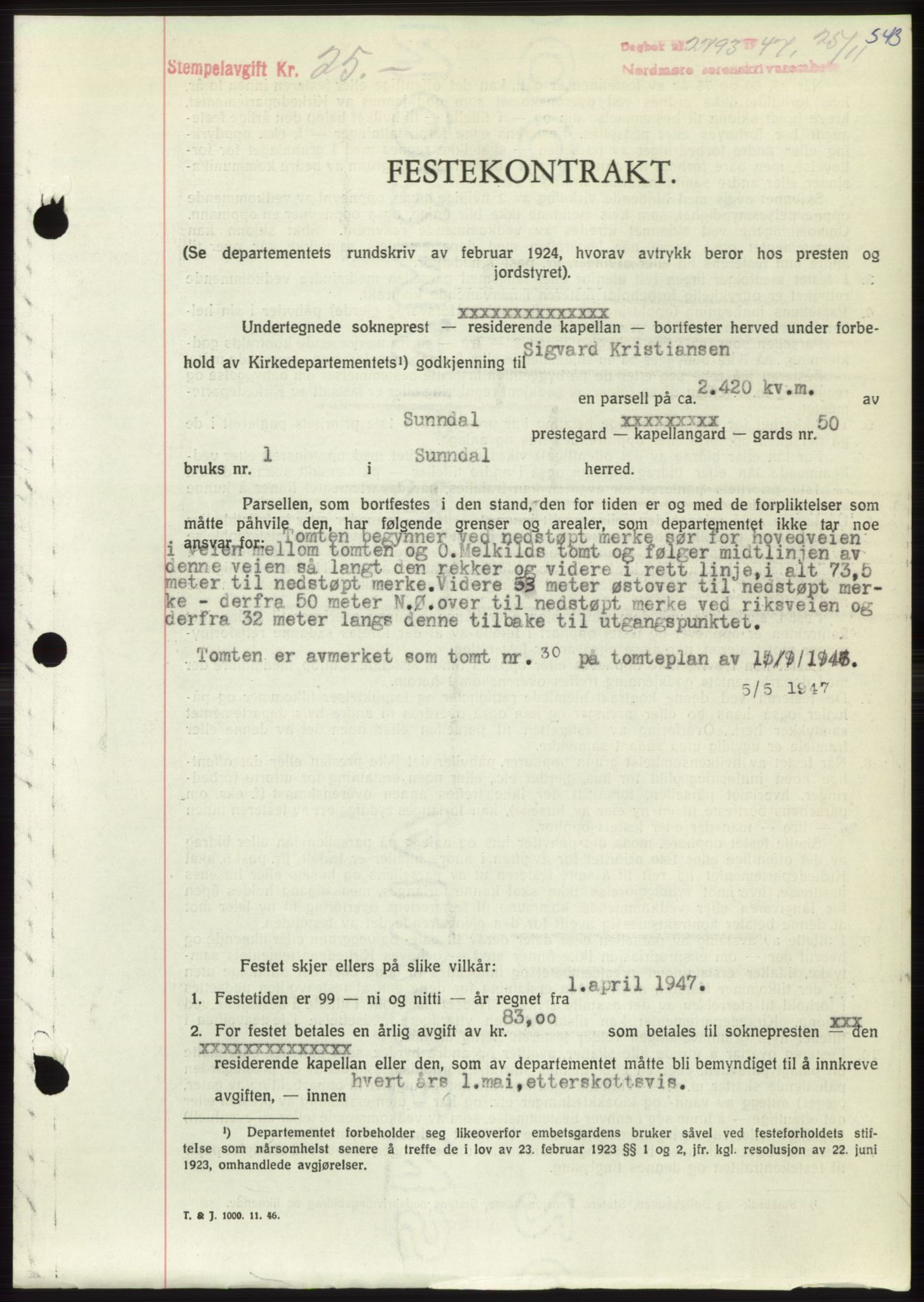 Nordmøre sorenskriveri, AV/SAT-A-4132/1/2/2Ca: Mortgage book no. B97, 1947-1948, Diary no: : 2793/1947