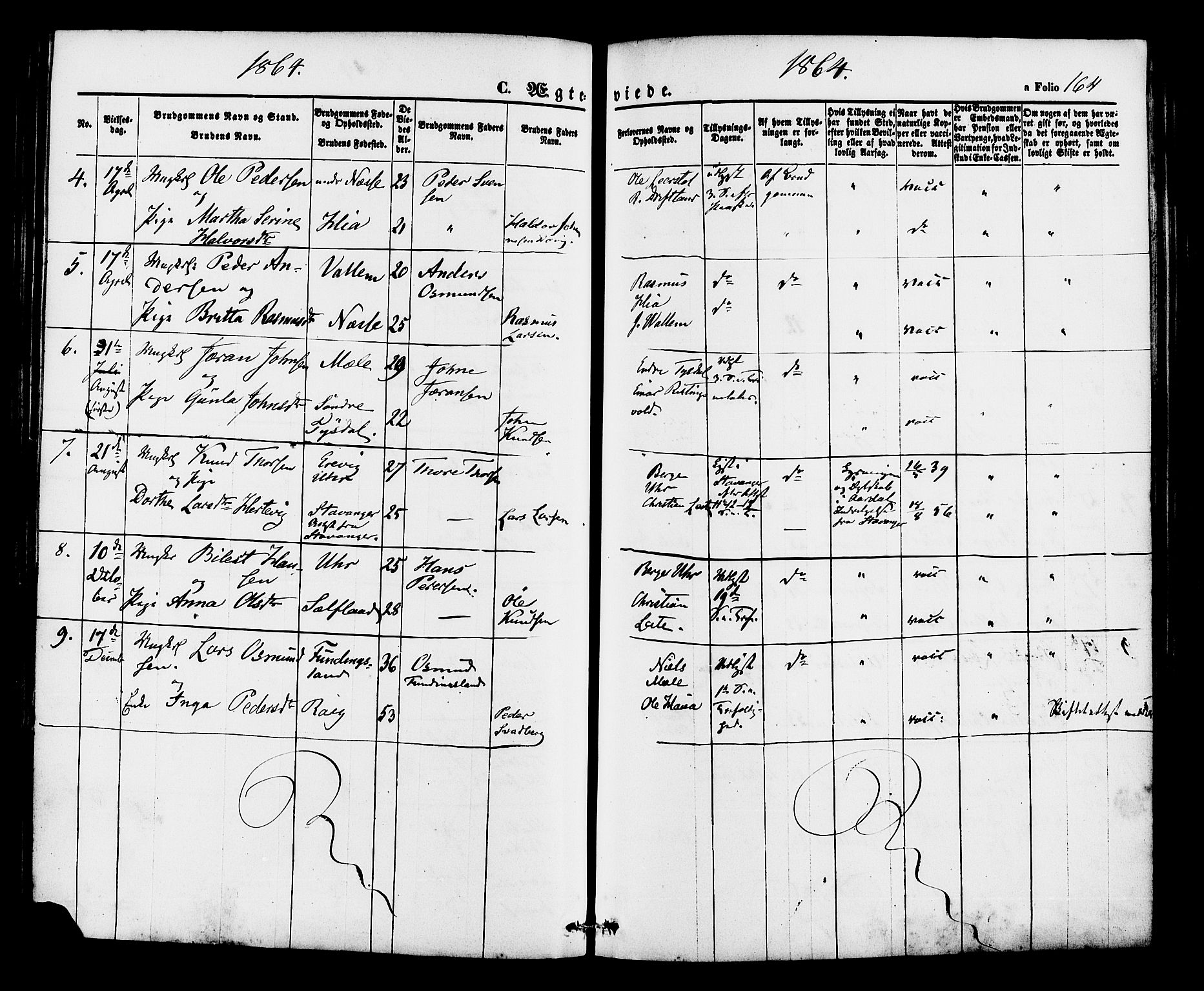 Hjelmeland sokneprestkontor, SAST/A-101843/01/IV/L0012: Parish register (official) no. A 12, 1862-1886, p. 164