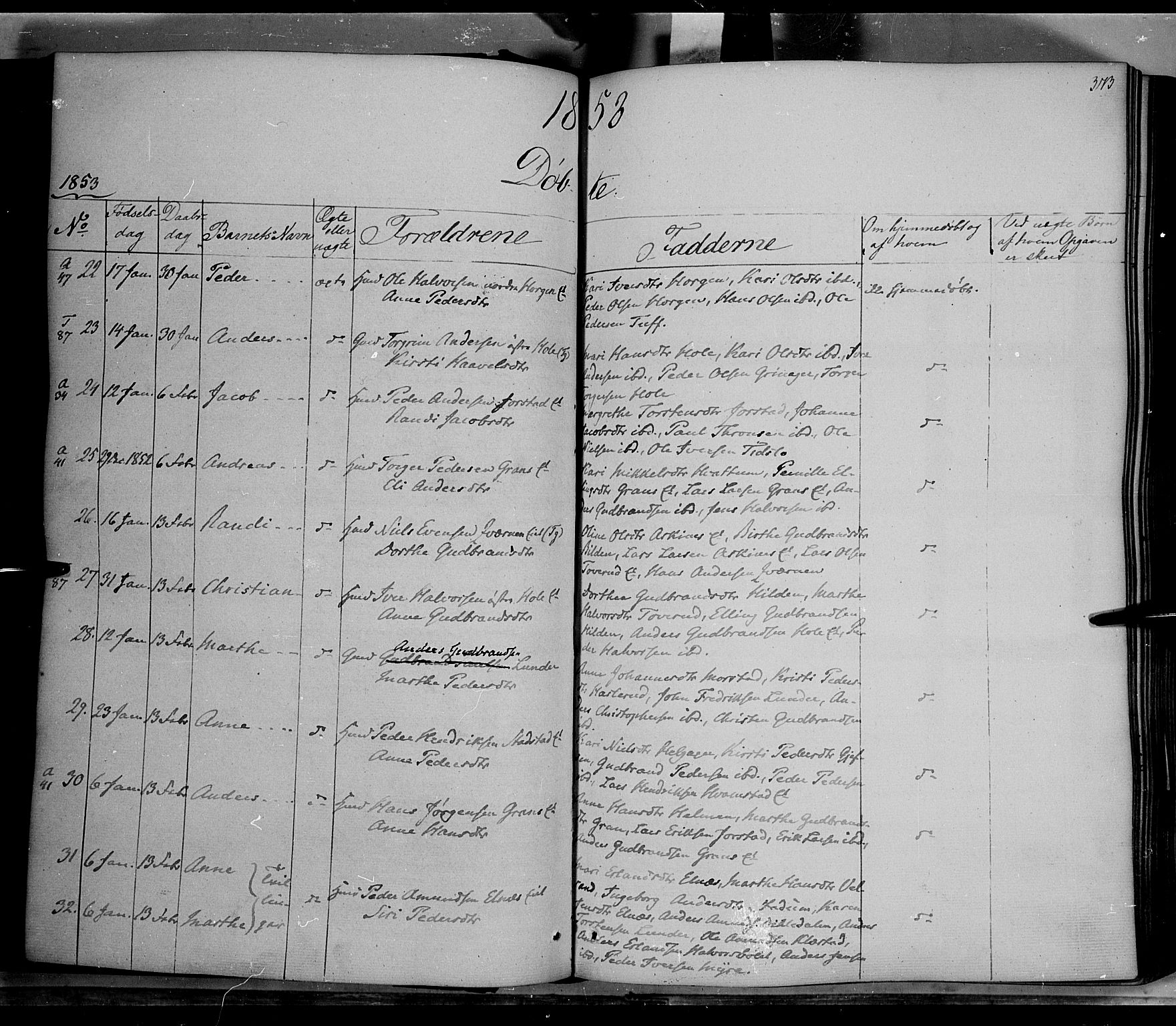 Gran prestekontor, SAH/PREST-112/H/Ha/Haa/L0011: Parish register (official) no. 11, 1842-1856, p. 372-373