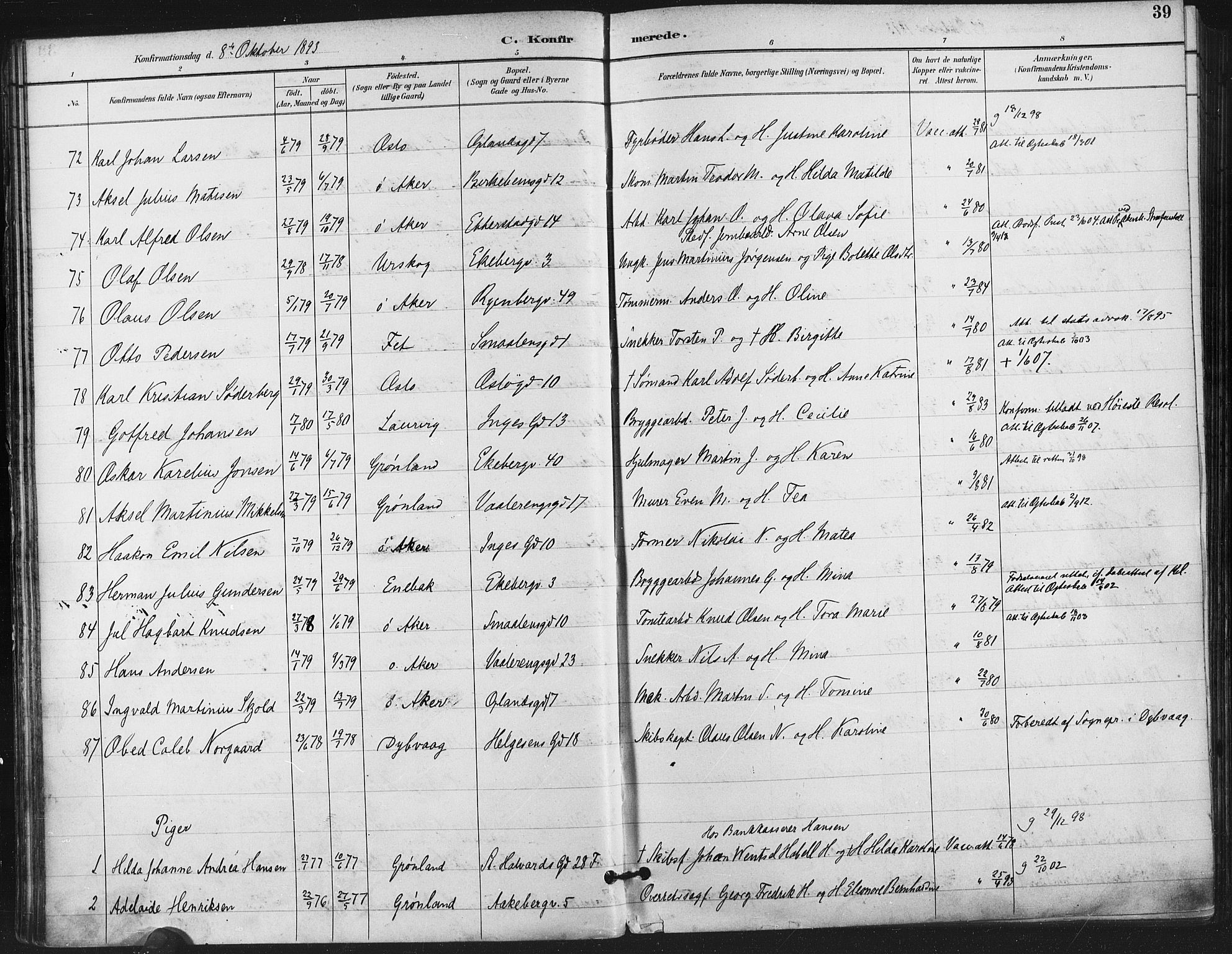 Gamlebyen prestekontor Kirkebøker, AV/SAO-A-10884/F/Fa/L0008: Parish register (official) no. 8, 1891-1908, p. 39