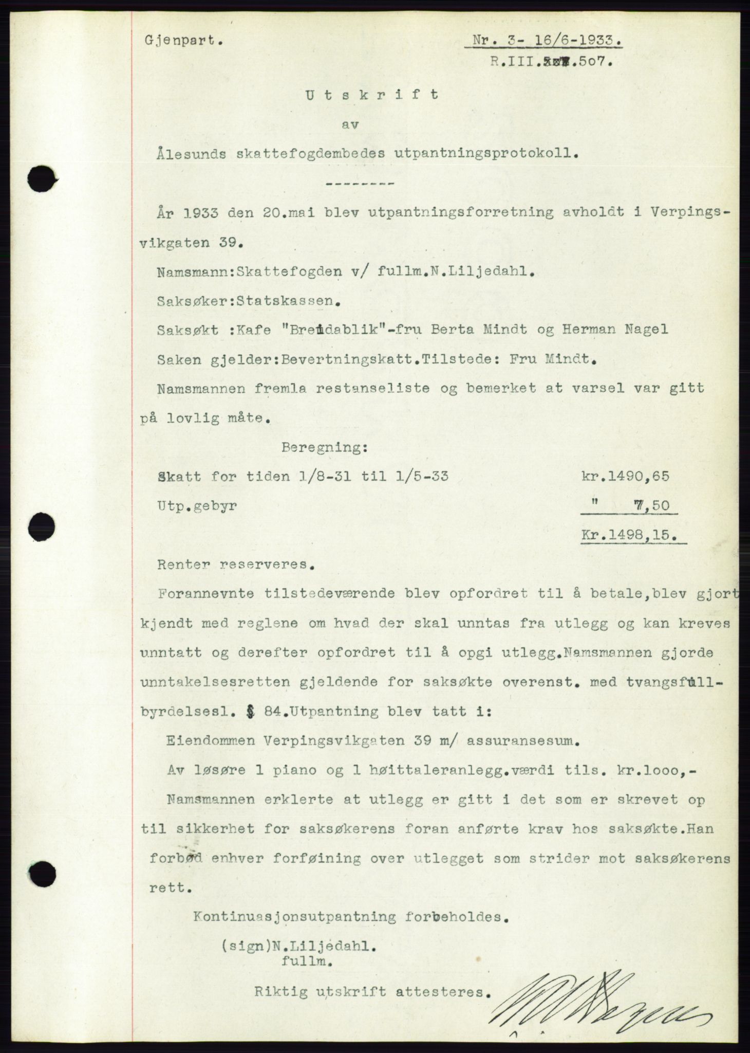 Ålesund byfogd, AV/SAT-A-4384: Mortgage book no. 30, 1932-1933, Deed date: 16.06.1933