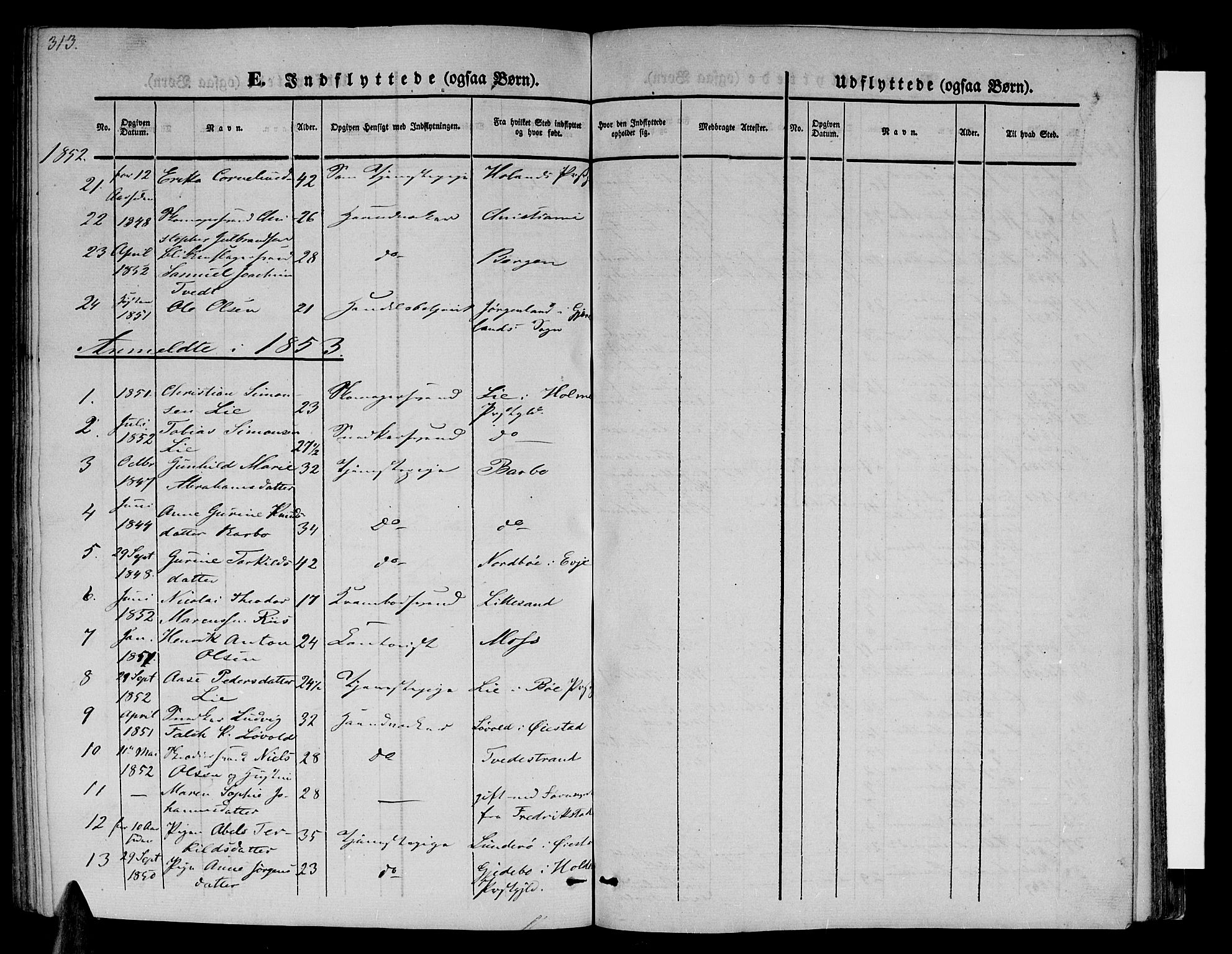 Arendal sokneprestkontor, Trefoldighet, SAK/1111-0040/F/Fb/L0002: Parish register (copy) no. B 2, 1838-1860, p. 313