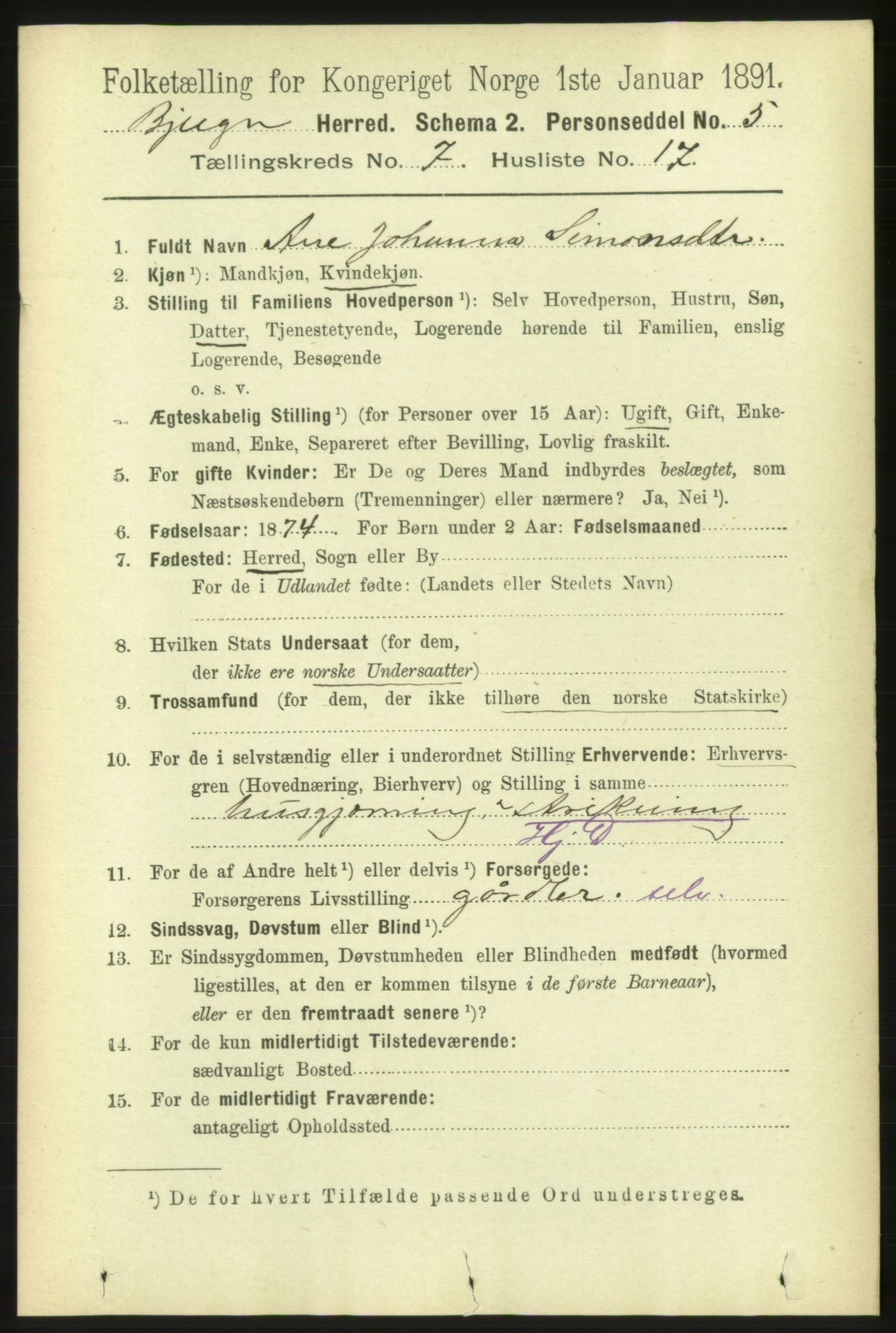 RA, 1891 census for 1627 Bjugn, 1891, p. 1939