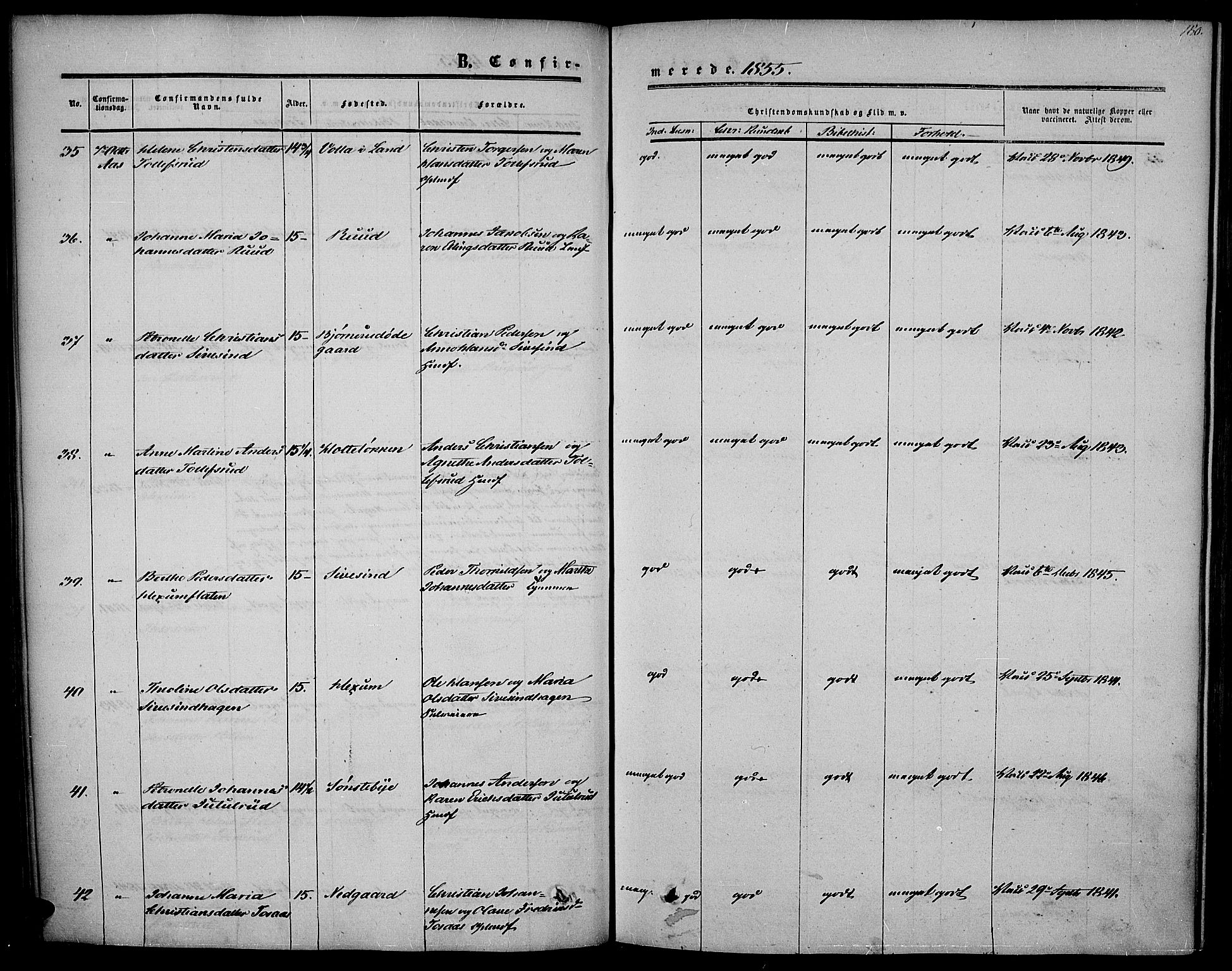 Vestre Toten prestekontor, SAH/PREST-108/H/Ha/Haa/L0005: Parish register (official) no. 5, 1850-1855, p. 180