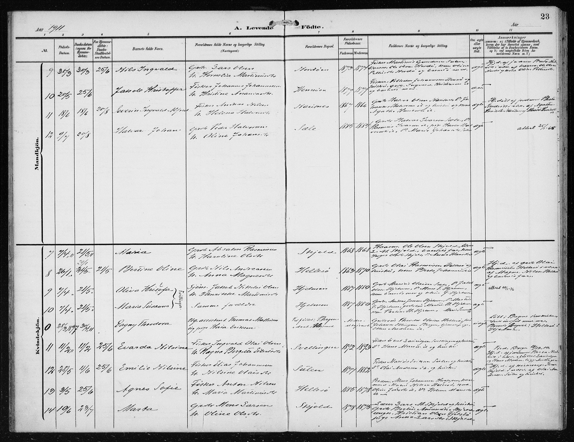 Herdla Sokneprestembete, AV/SAB-A-75701/H/Haa: Parish register (official) no. B 1, 1902-1921, p. 23