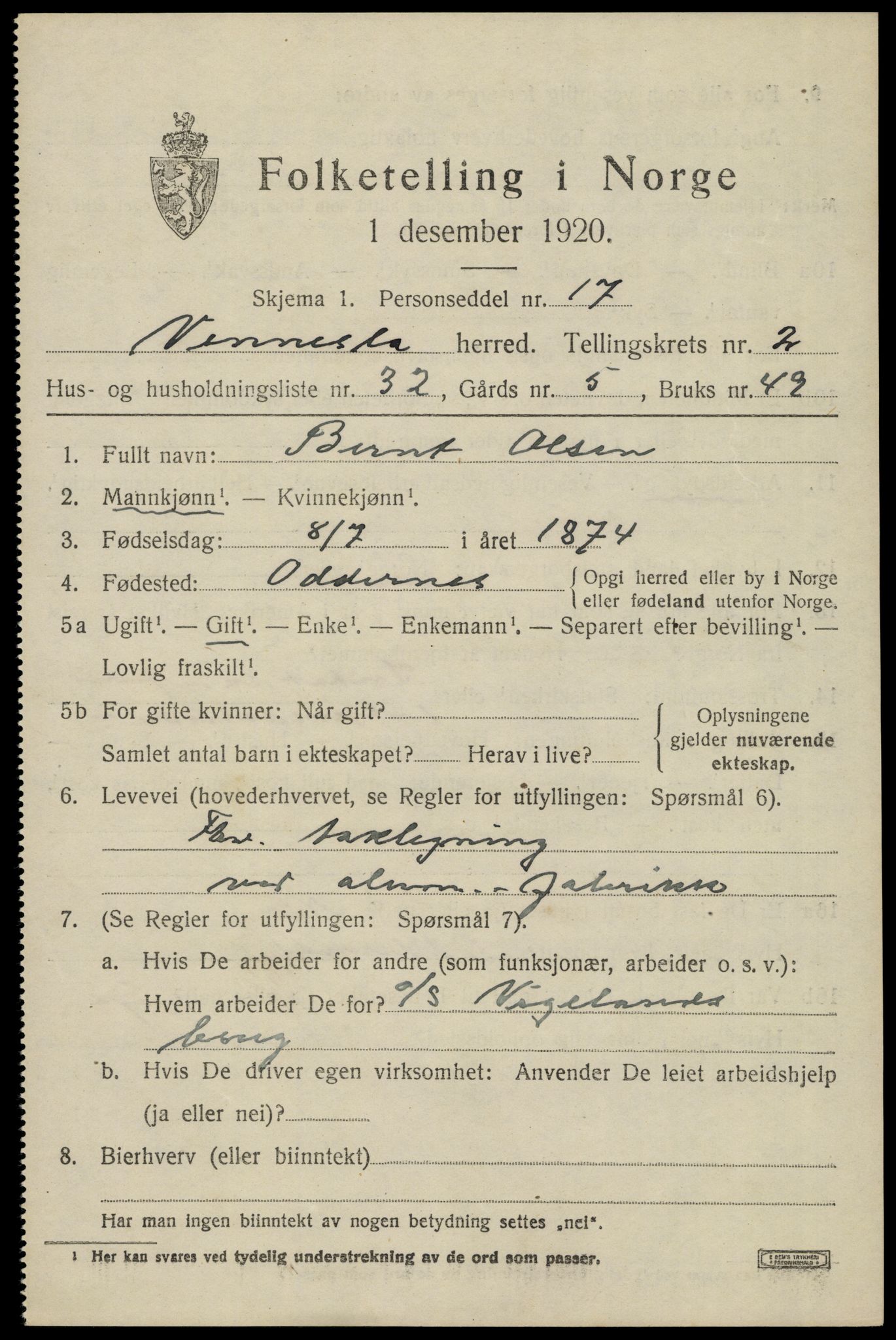 SAK, 1920 census for Vennesla, 1920, p. 1910