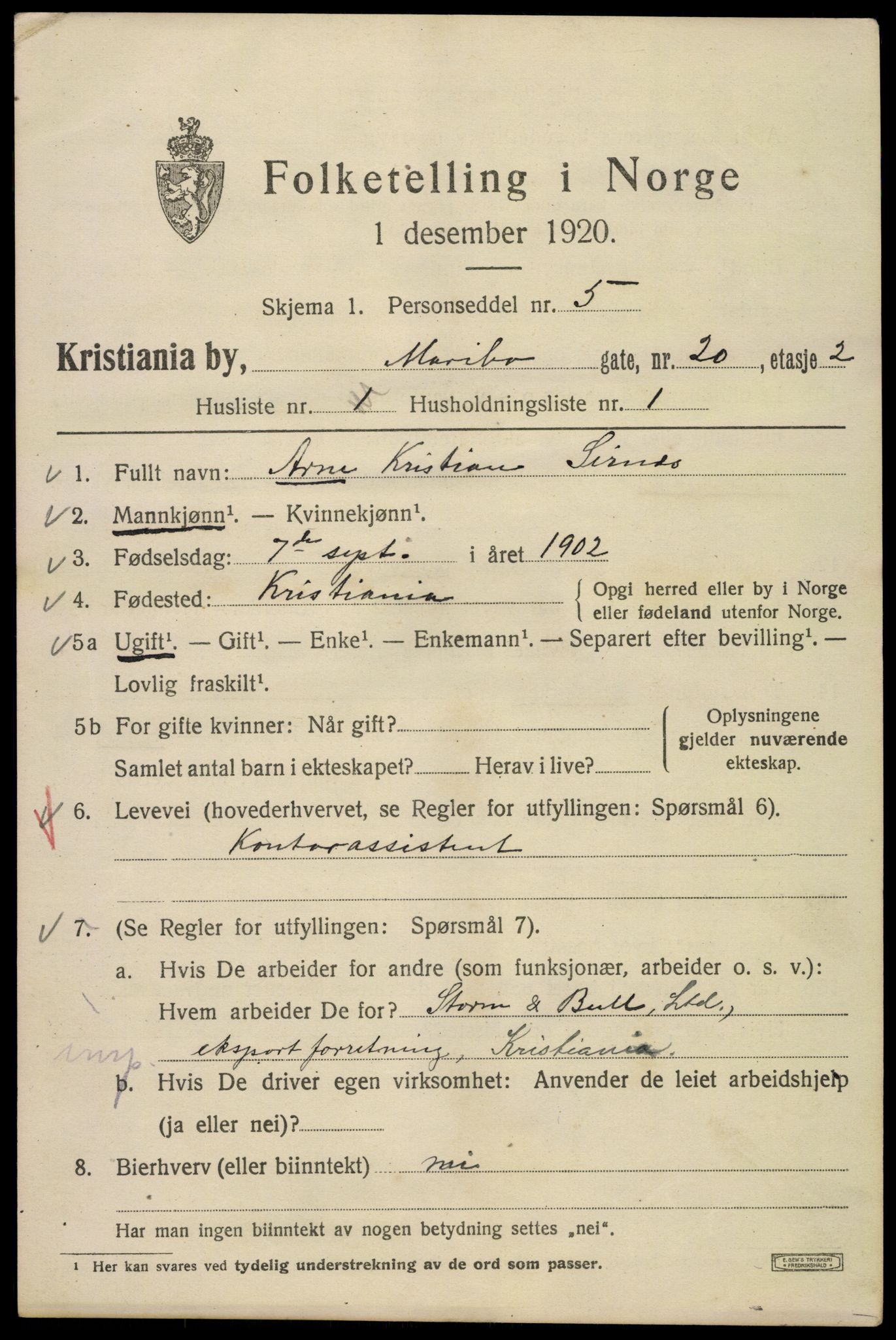 SAO, 1920 census for Kristiania, 1920, p. 376381