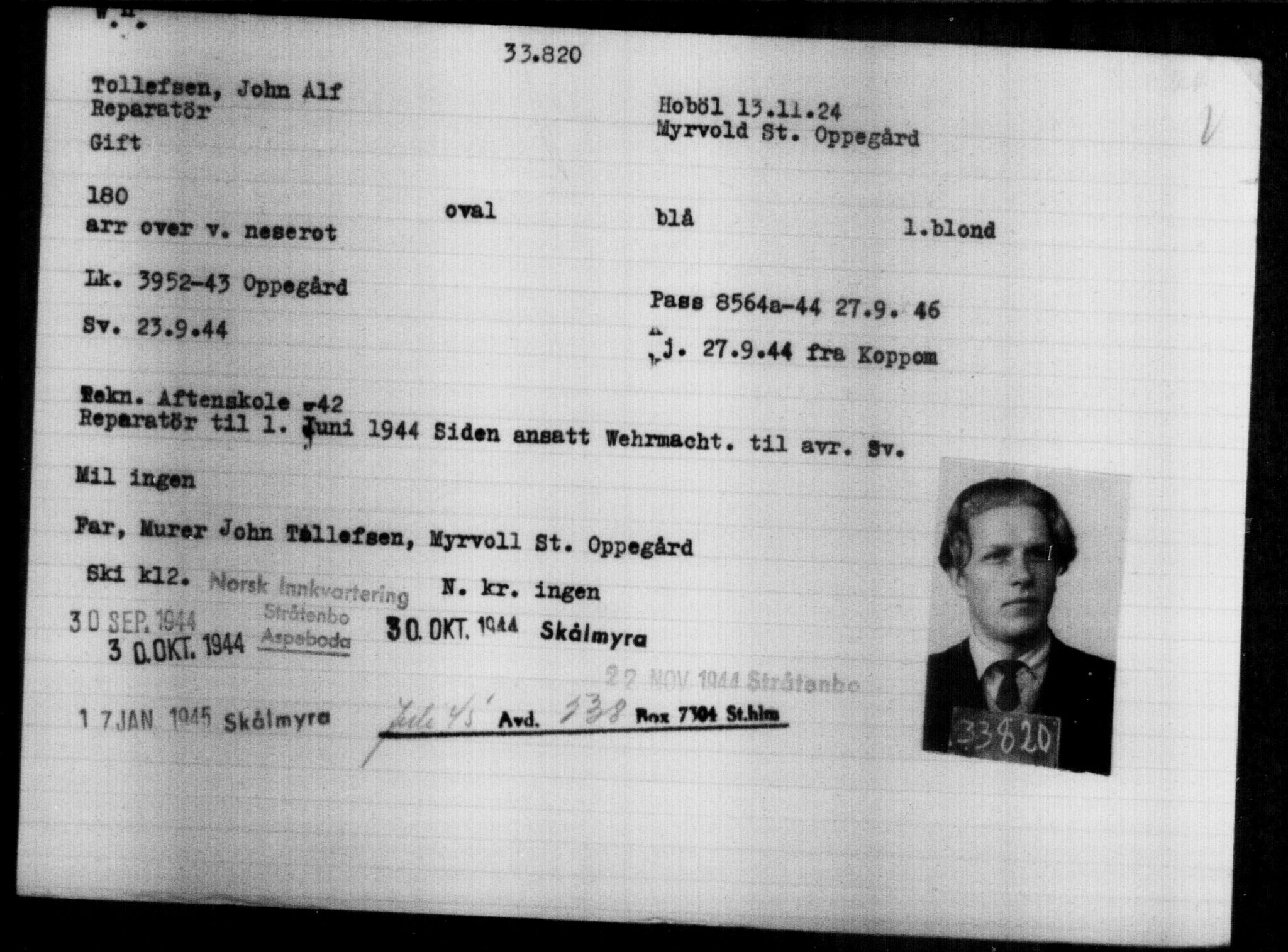 Utenriksstasjonene, Legasjonen i Stockholm, Flyktningkontoret, AV/RA-S-6753/V/Va/L0013: Kjesäterkartoteket, flyktninger med registreringsnr. 31500-34731, 1940-1945, p. 2448