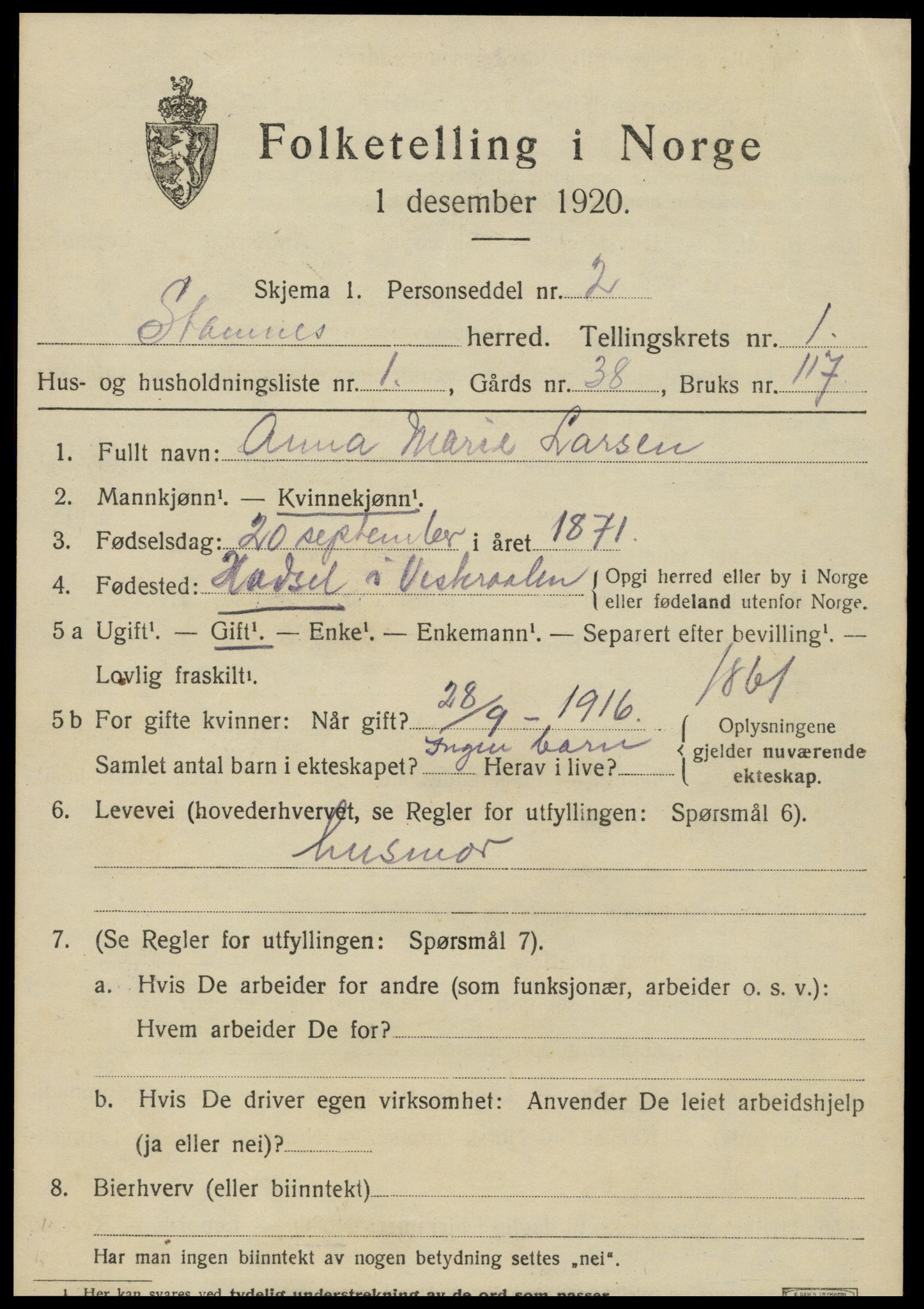 SAT, 1920 census for Stamnes, 1920, p. 572