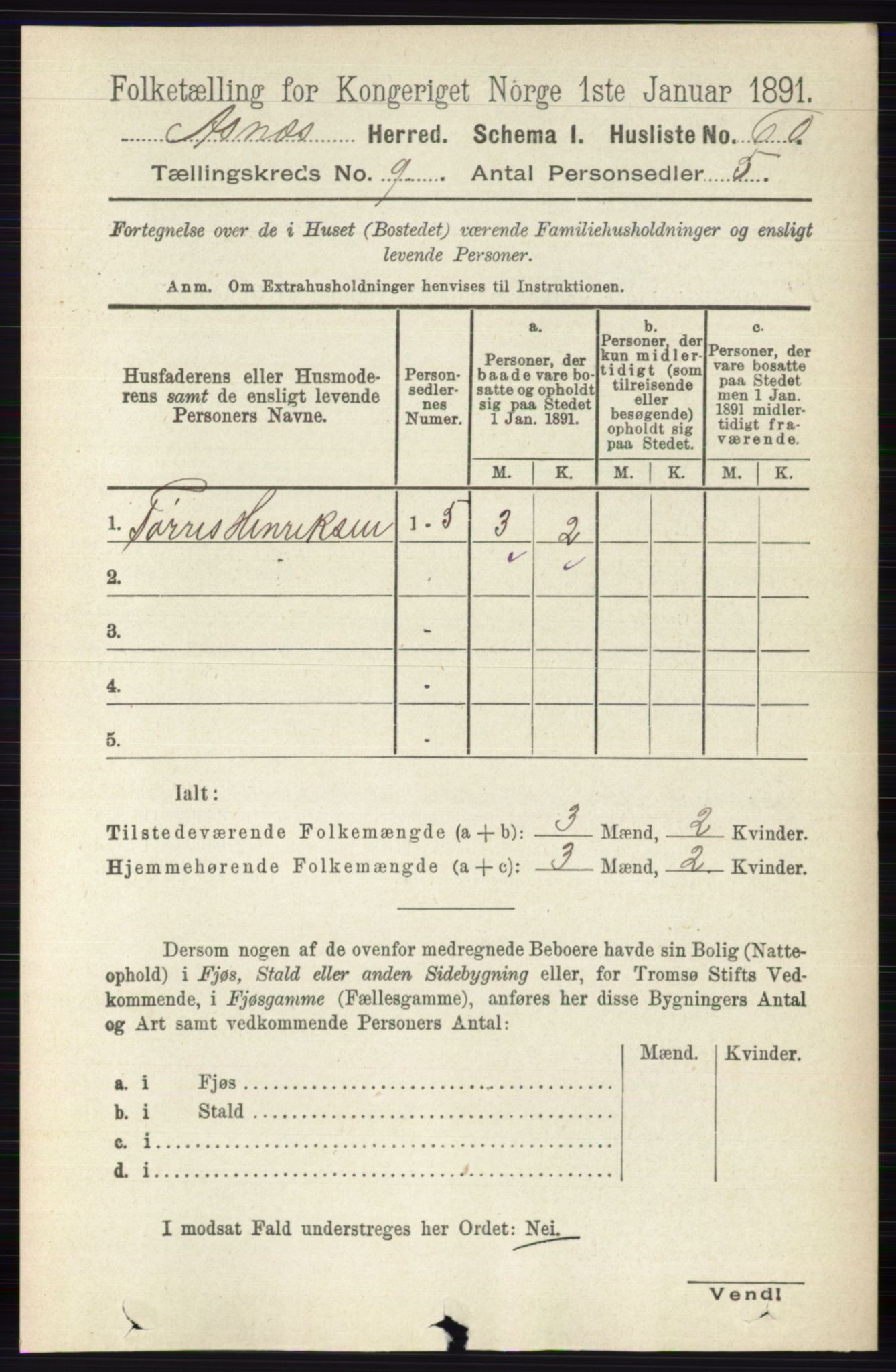 RA, 1891 census for 0425 Åsnes, 1891, p. 4607