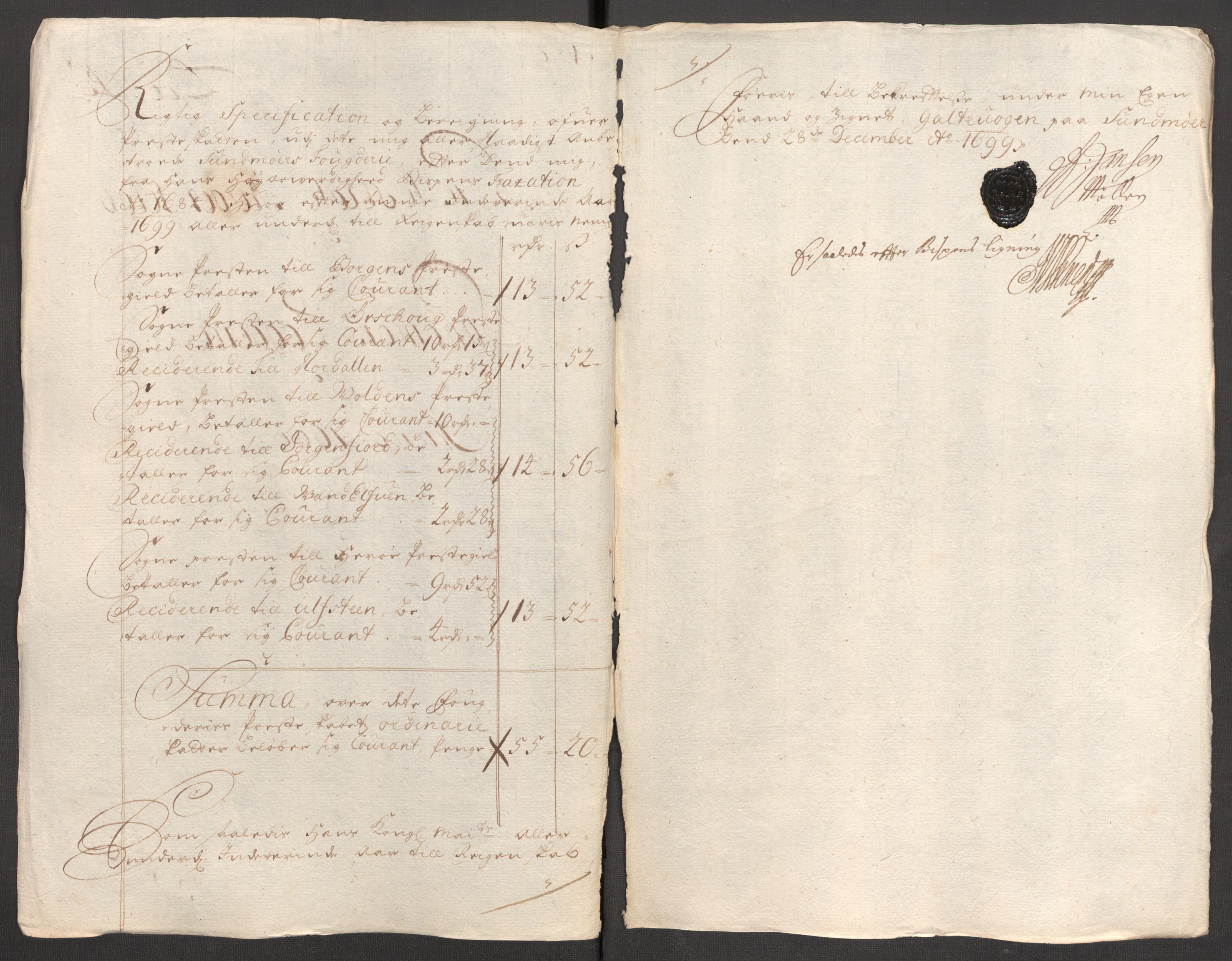 Rentekammeret inntil 1814, Reviderte regnskaper, Fogderegnskap, RA/EA-4092/R54/L3557: Fogderegnskap Sunnmøre, 1699, p. 238