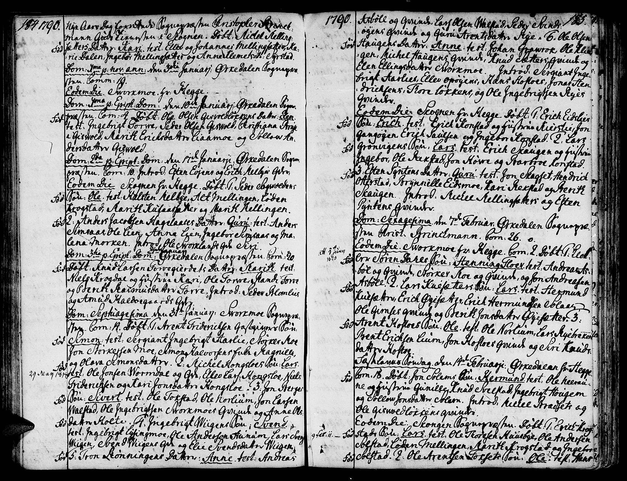 Ministerialprotokoller, klokkerbøker og fødselsregistre - Sør-Trøndelag, SAT/A-1456/668/L0802: Parish register (official) no. 668A02, 1776-1799, p. 184-185